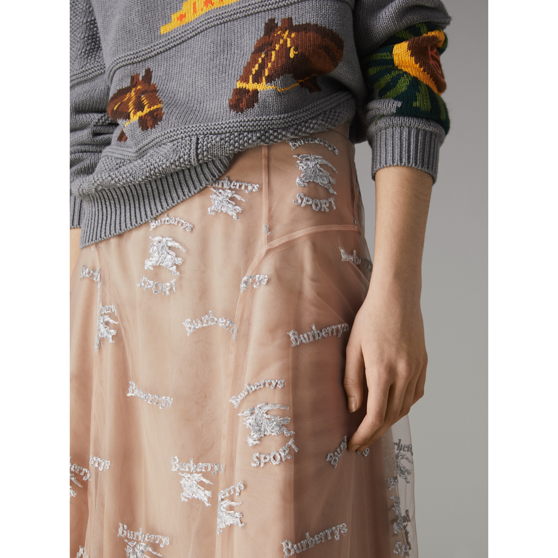 BURBERRY Equestrian Knight Embroidered Tulle Skirt
