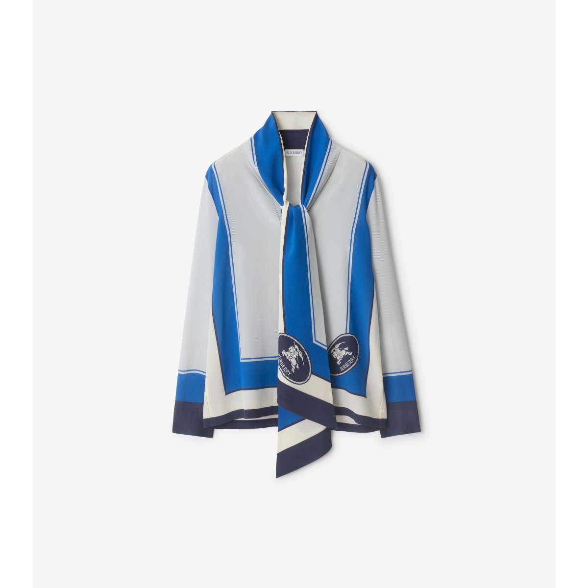 Burberry Slim Fit Knight Stamp Box Silk Scarf Shirt In Blue