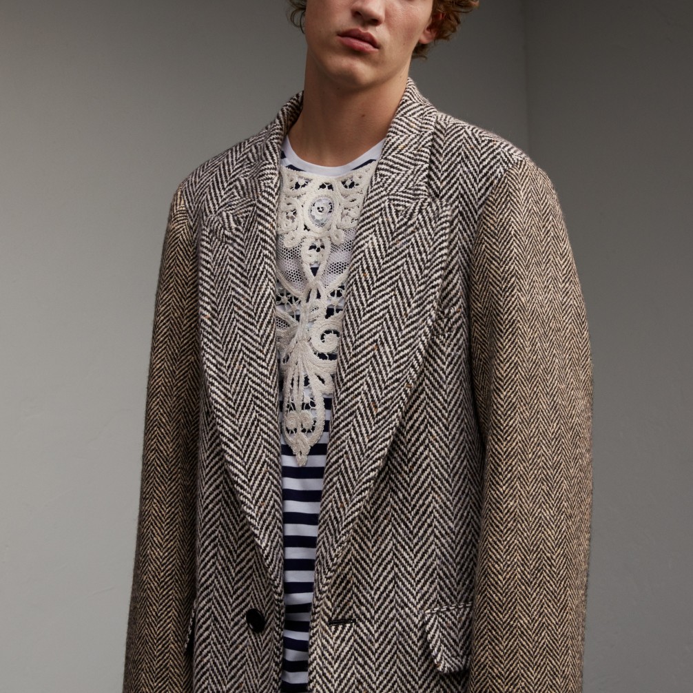 人字纹爱尔兰粗花呢切斯特大衣 (黑色/白色) - 男士 | burberry 博柏