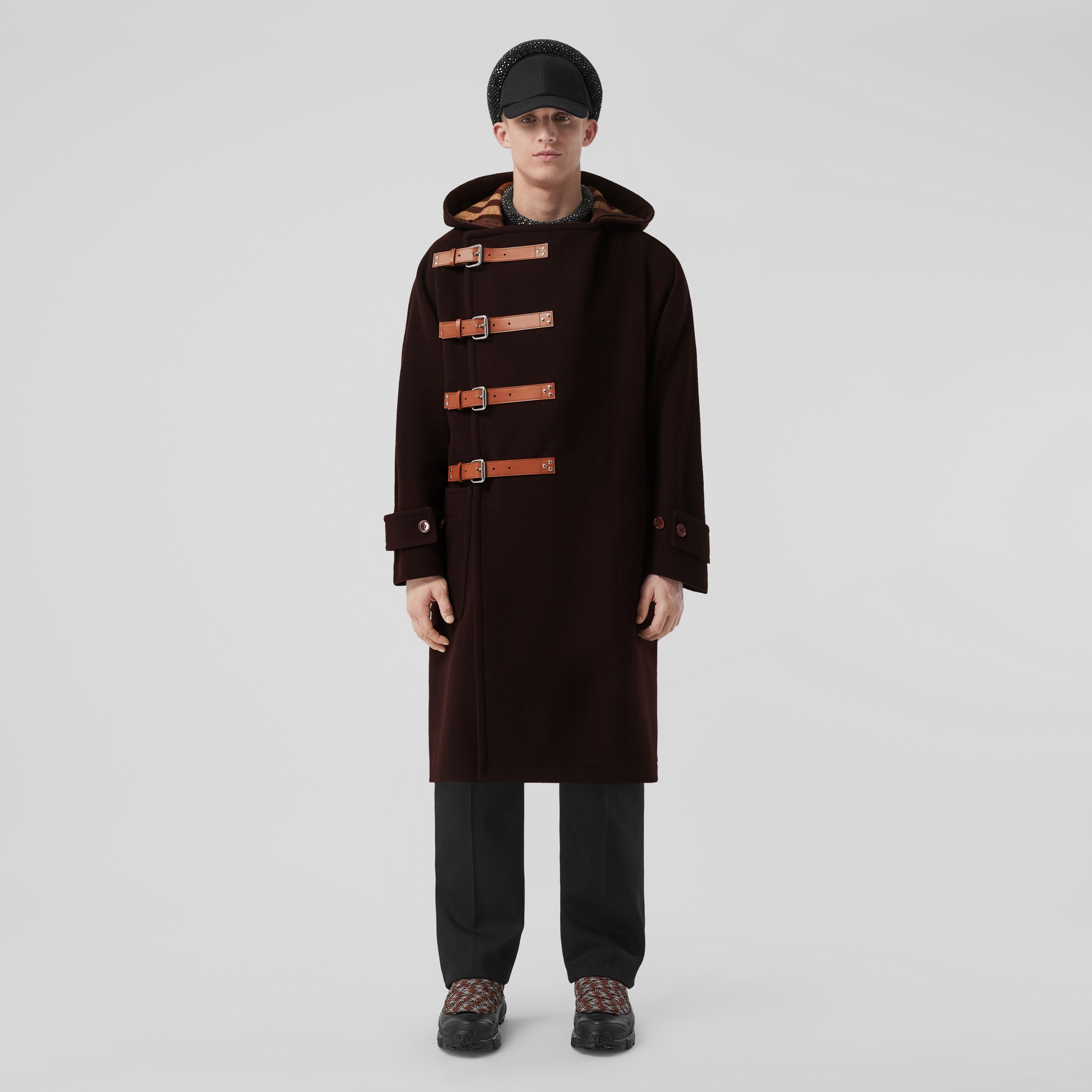Strap Detail Wool Hooded Duffle Coat in Dark Umber - Men | Burberry® Official - 1