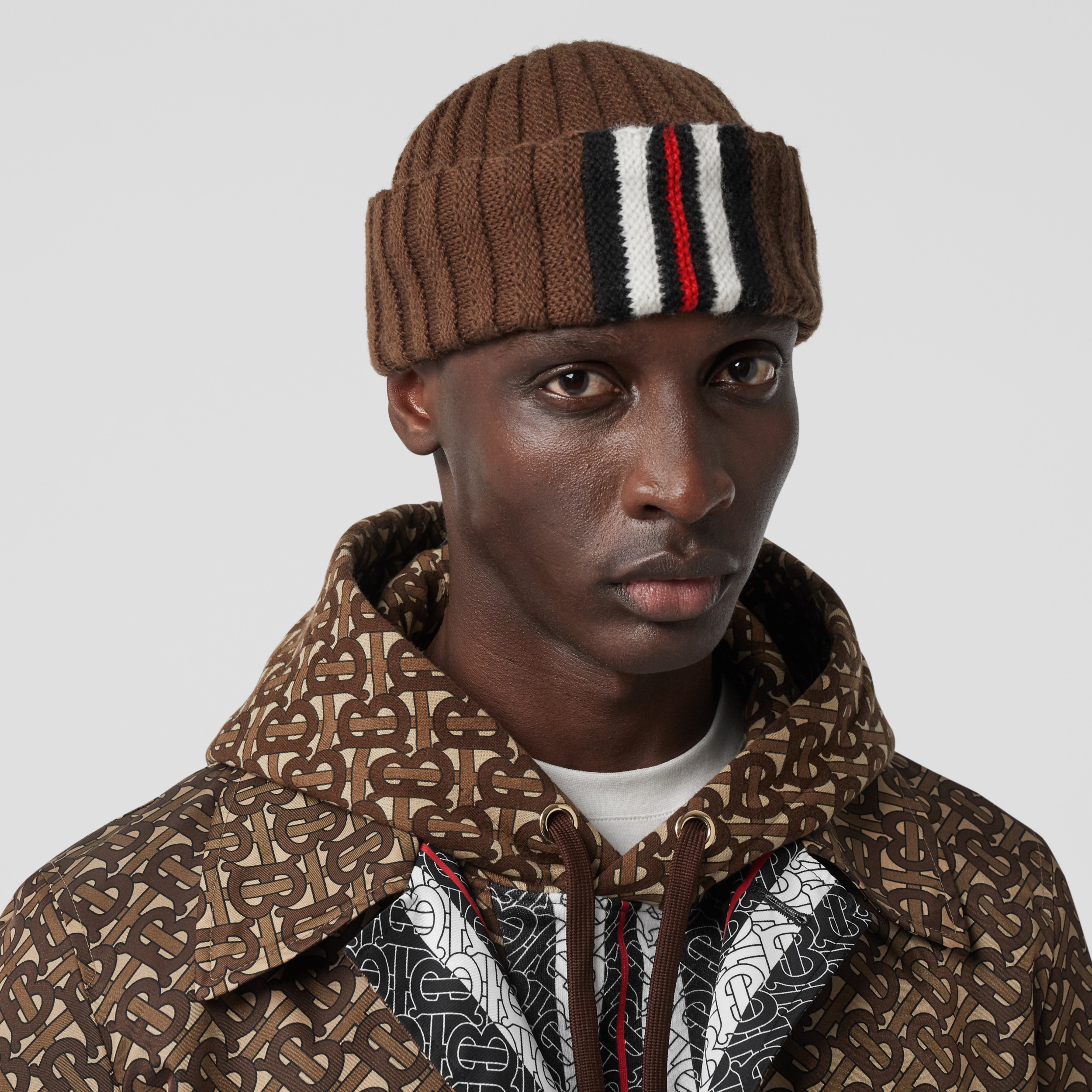 Stripe Detail Rib Knit Wool Beanie in Brown | Burberry United States