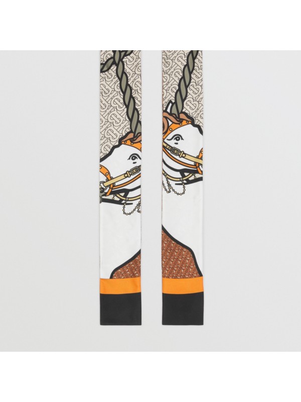 Unicorn and Monogram Print Silk Skinny Scarf in Multicoloured