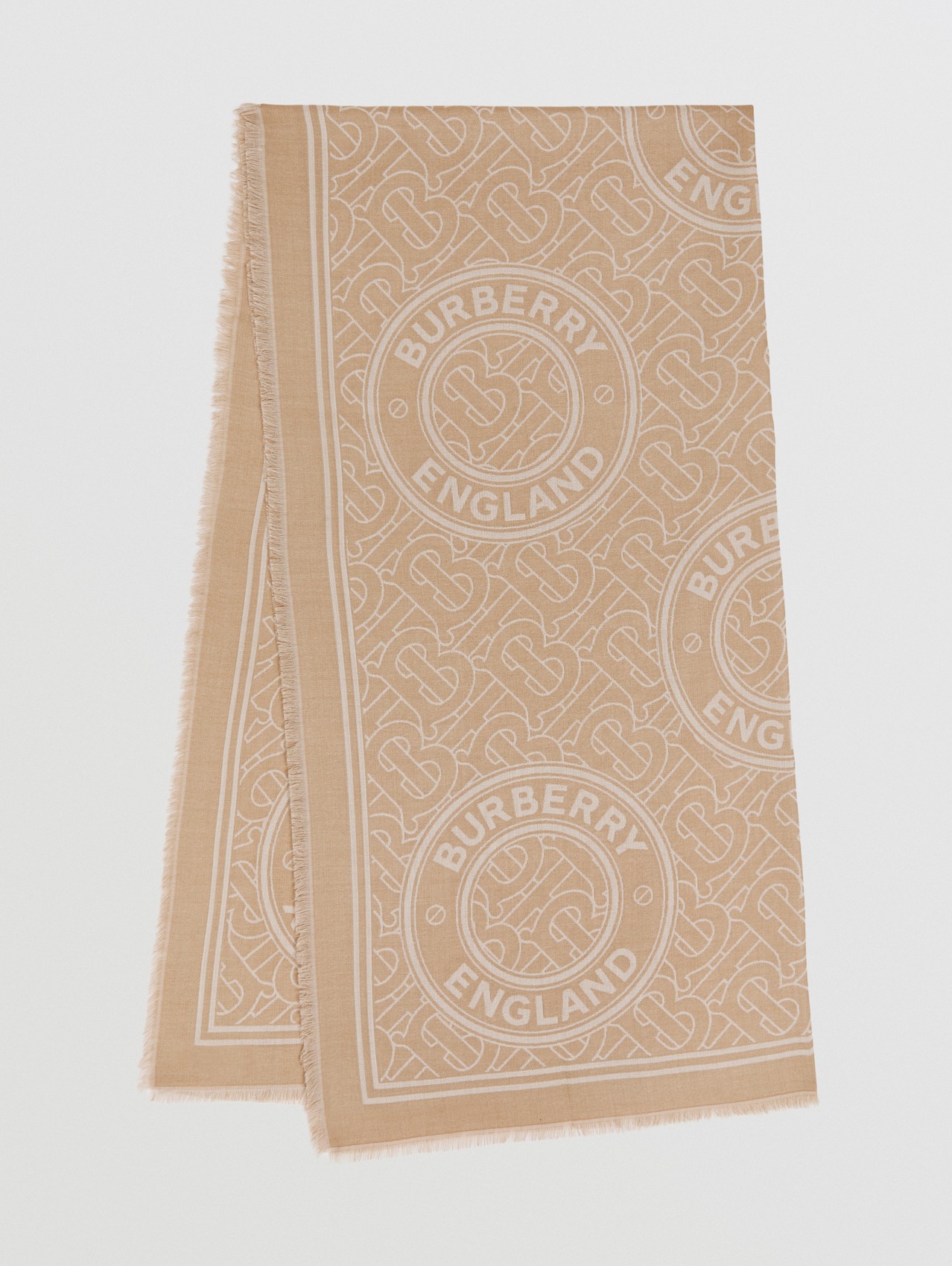 Lightweight Logo Graphic Cashmere Jacquard Scarf in Camel