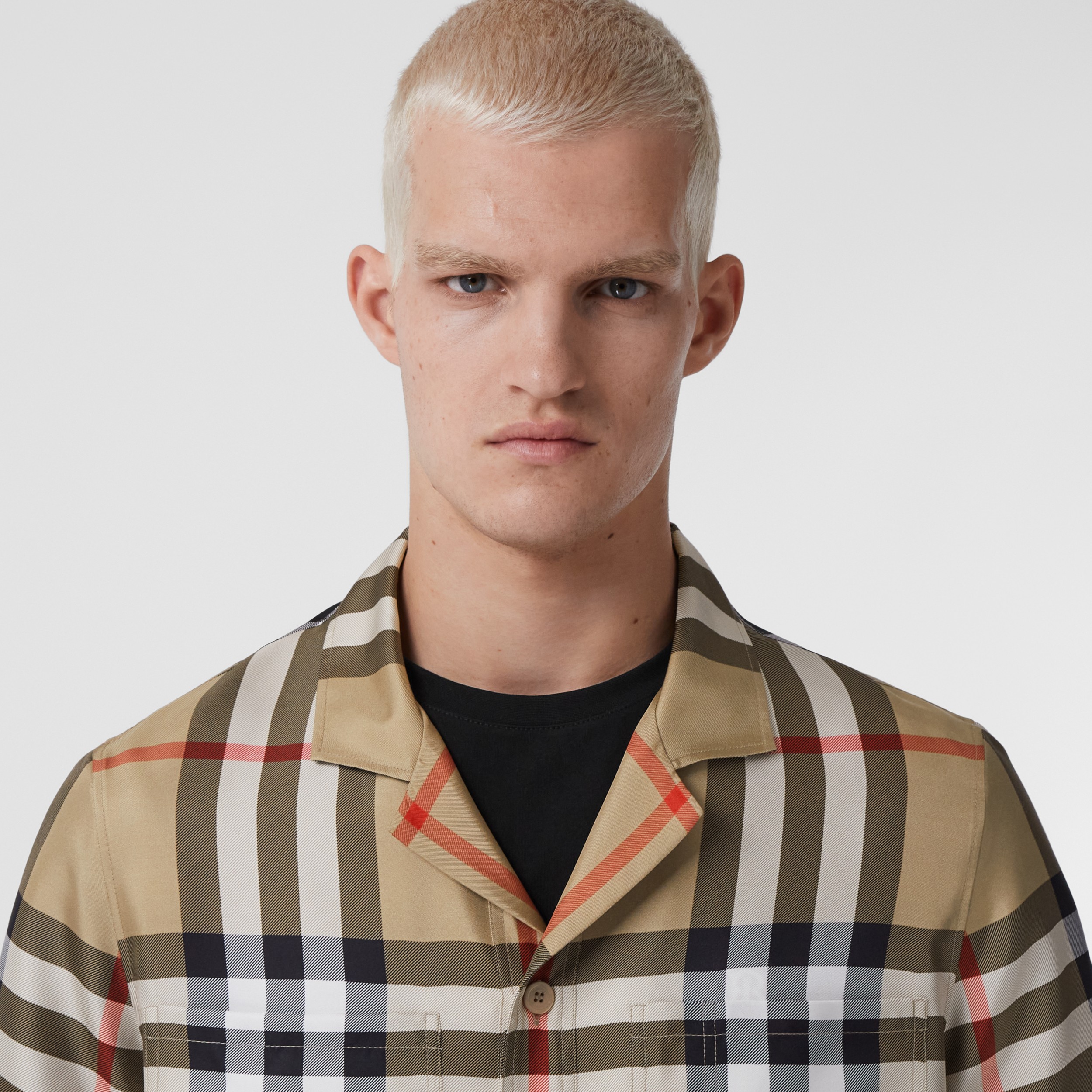 Short-sleeve Check Silk Shirt in Archive Beige - Men | Burberry® Official