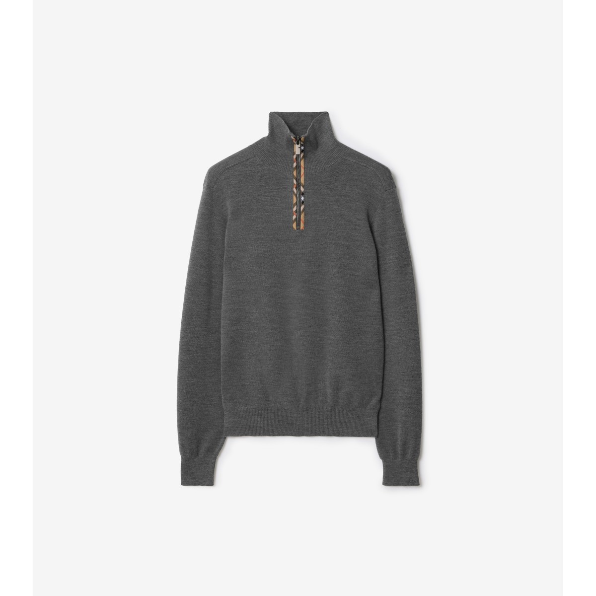  Check Trim Wool Half-zip Sweater