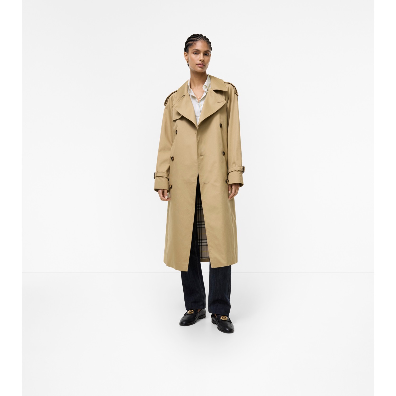 Long Castleford Trench Coat in Beige - Women, Cotton Gabardine