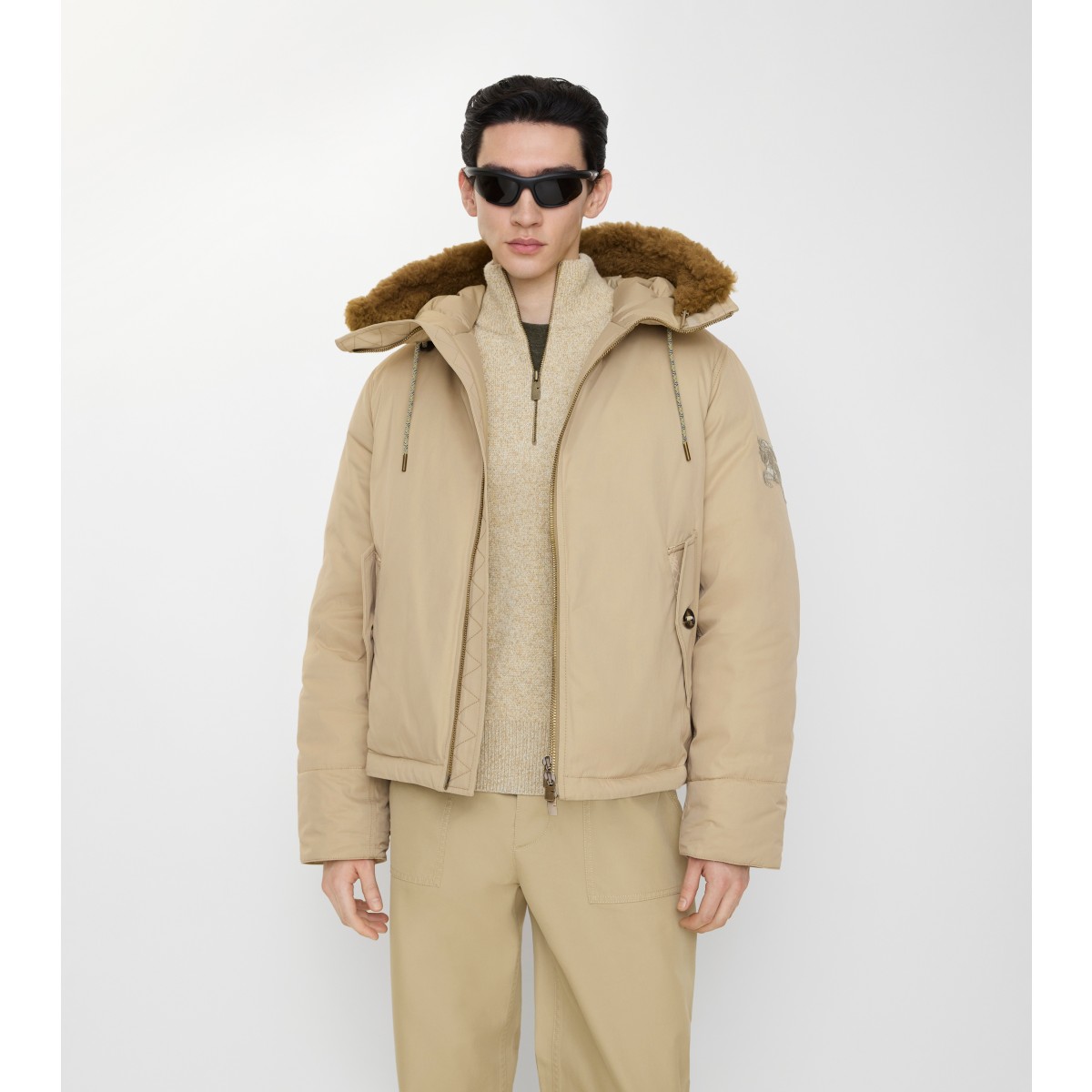  Check Shearling Trim Gabardine Hooded Jacket