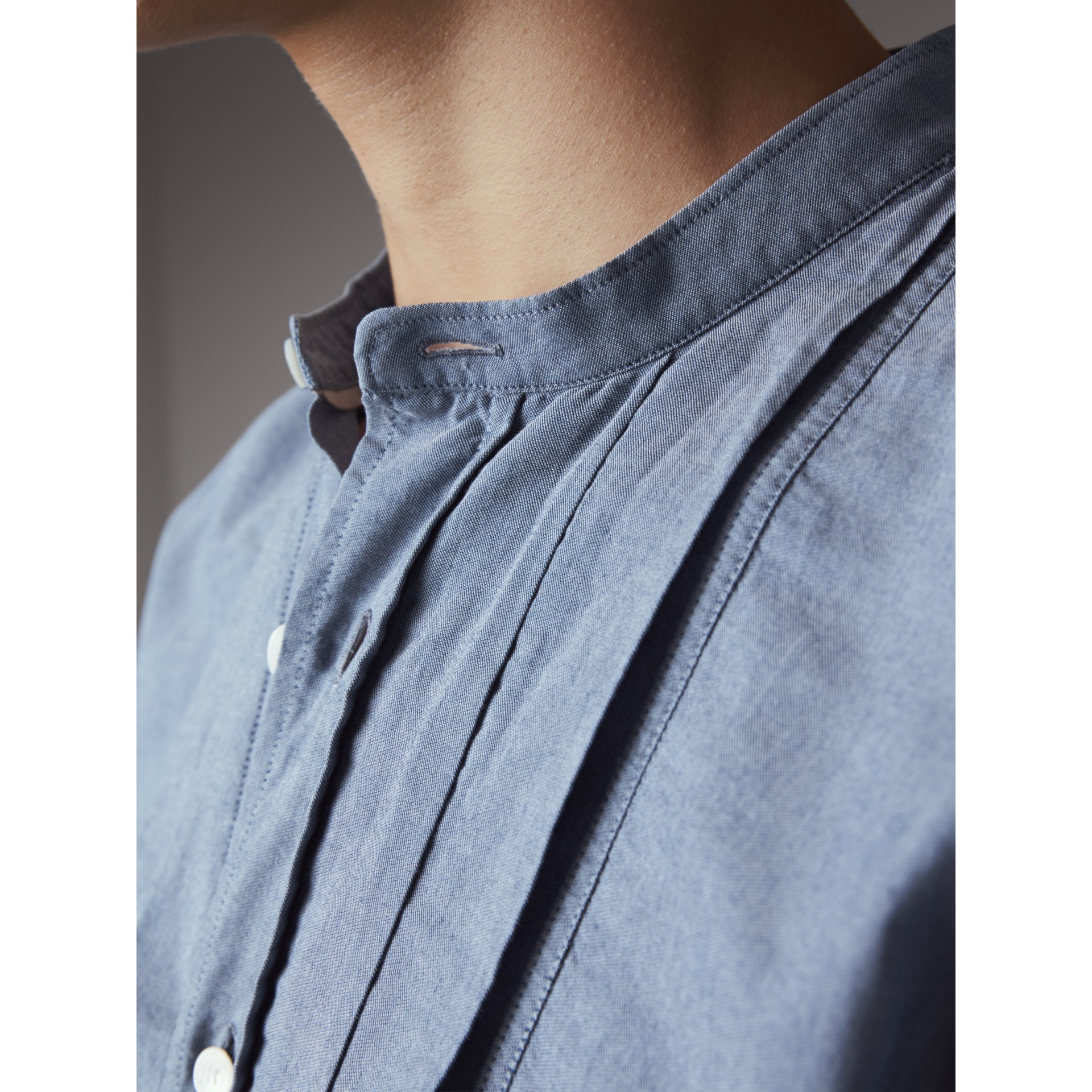 Grandad Collar Pleated Bib Cotton Shirt in Denim Blue Men Burberry United States