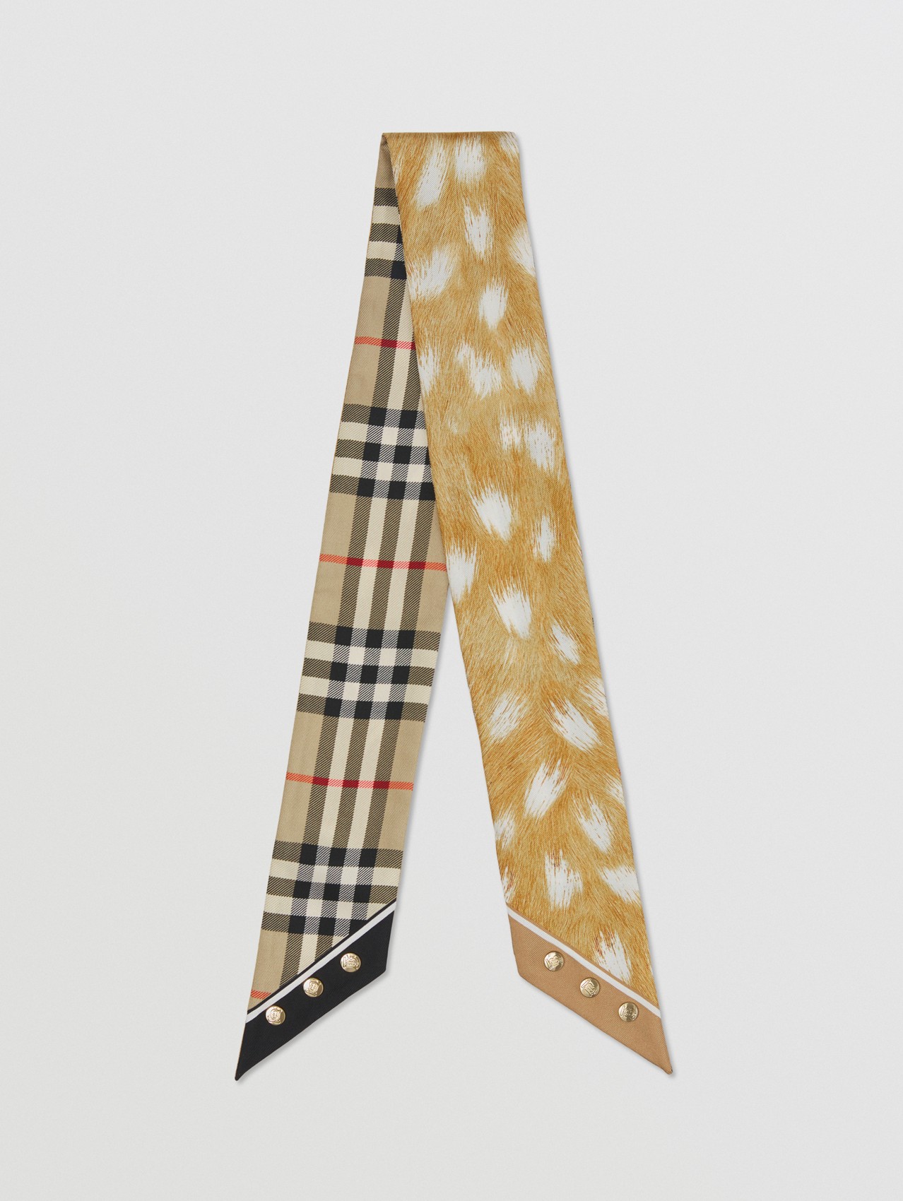 Skinny scarf de seda com estampa de cervo e Vintage Check in Bege Clássico