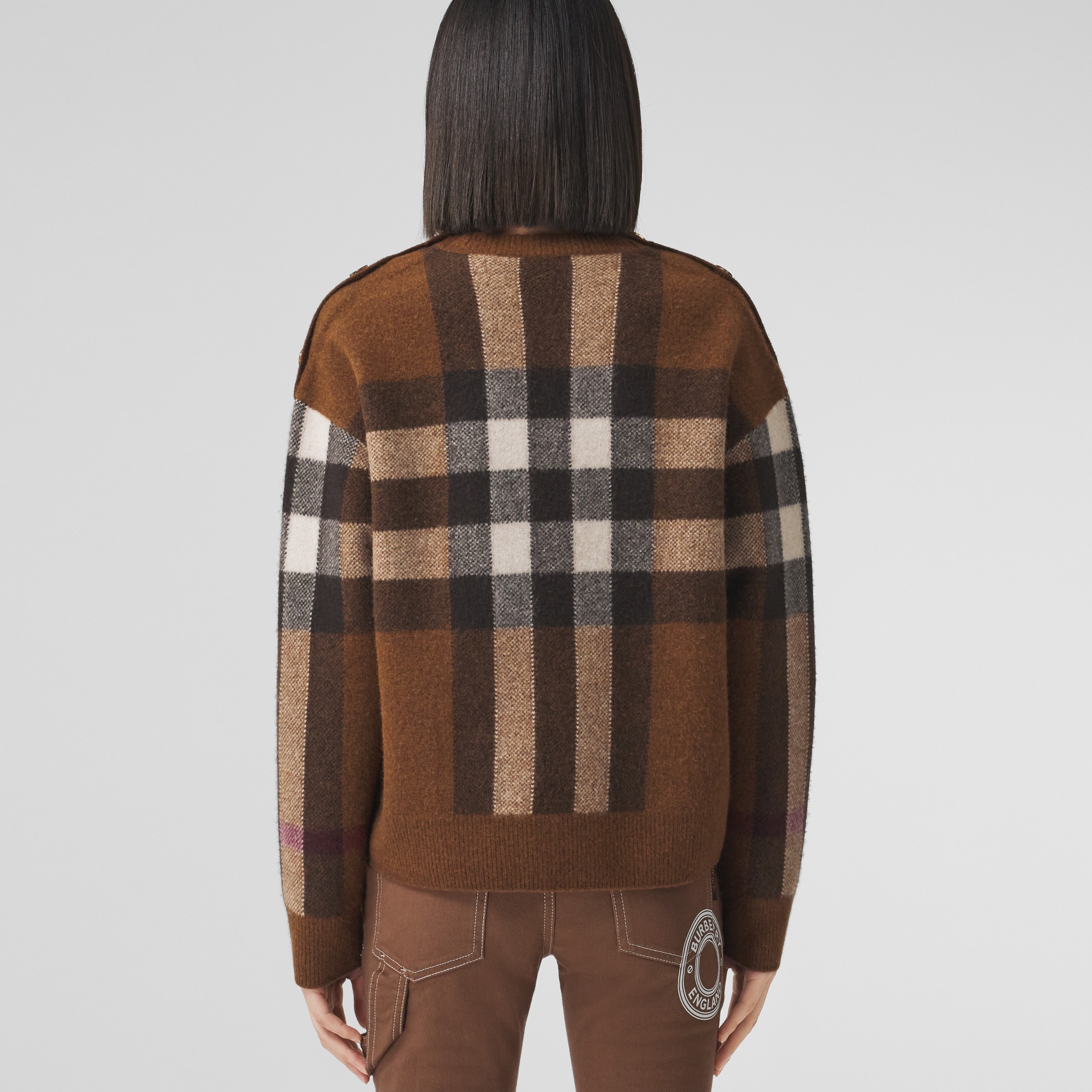 Exaggerated Check Wool Cashmere Sweater in Dark Birch Brown - Women | Burberry® Official - 3