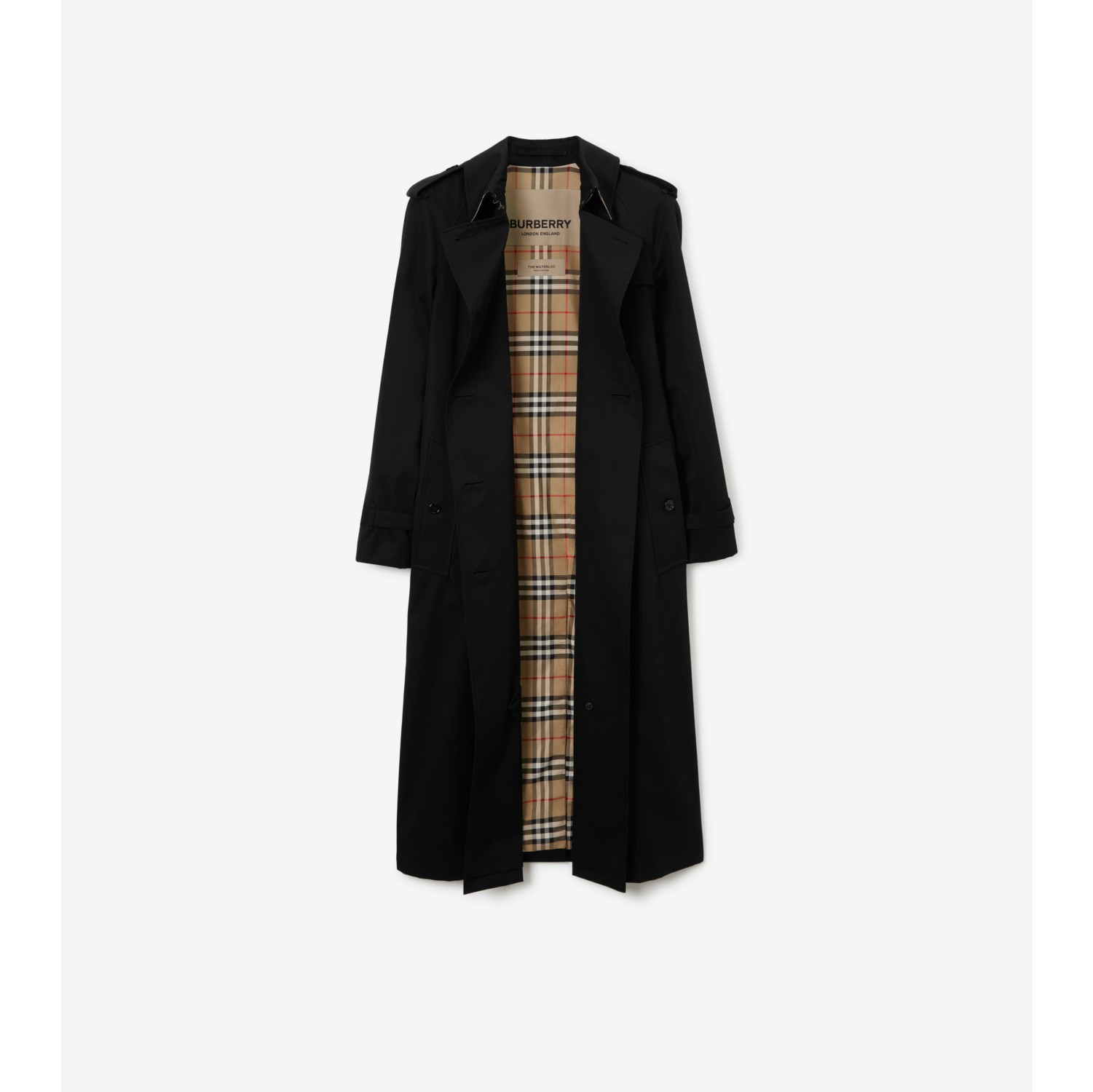 Long Waterloo Heritage Trench Coat in Black Women Cotton Gabardine Burberry Official