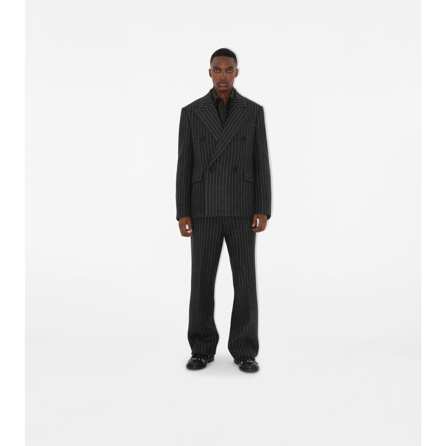 Pinstriped Wool Blend Tailored Trousers