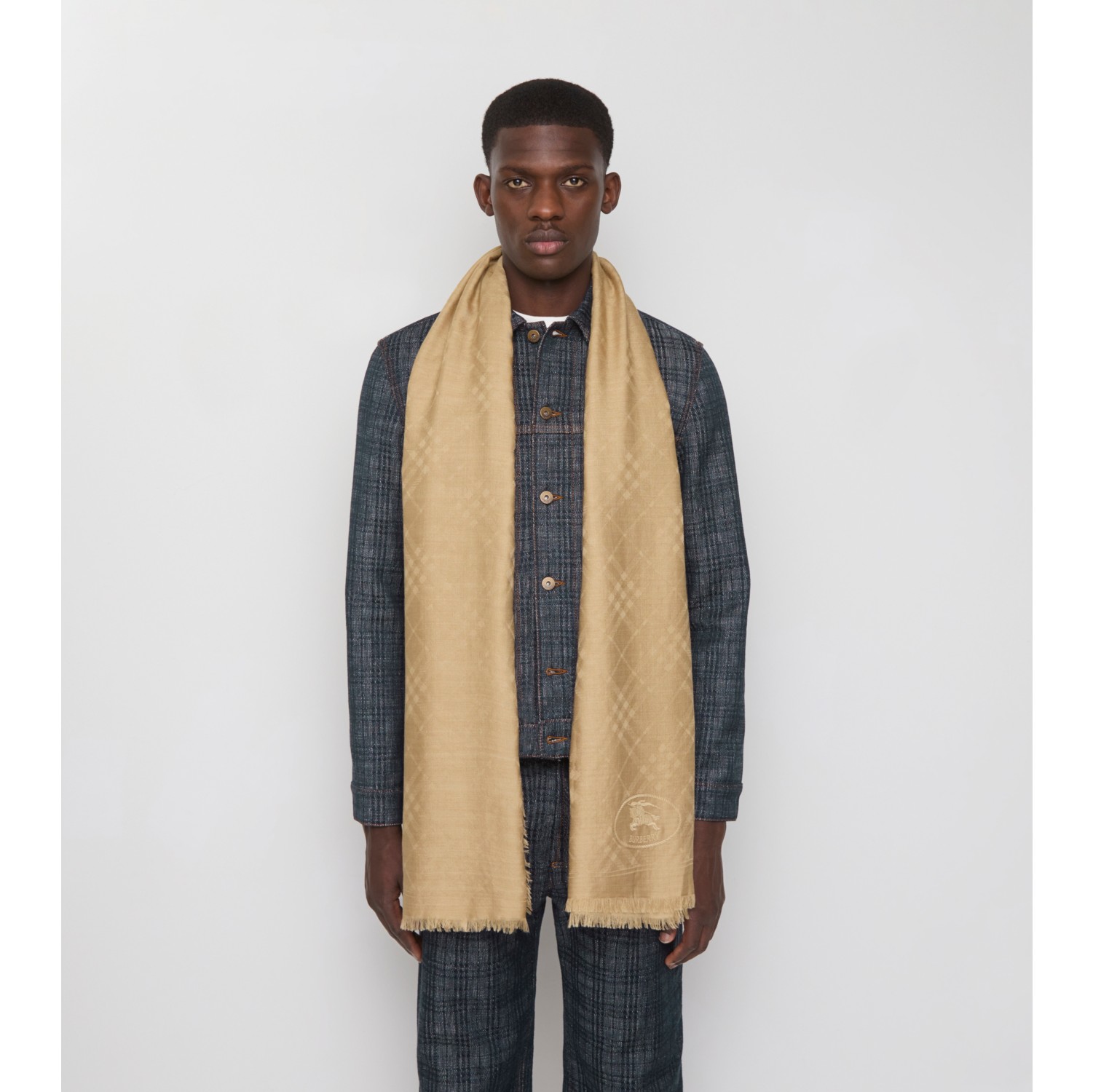 Wide Check Wool Silk Scarf