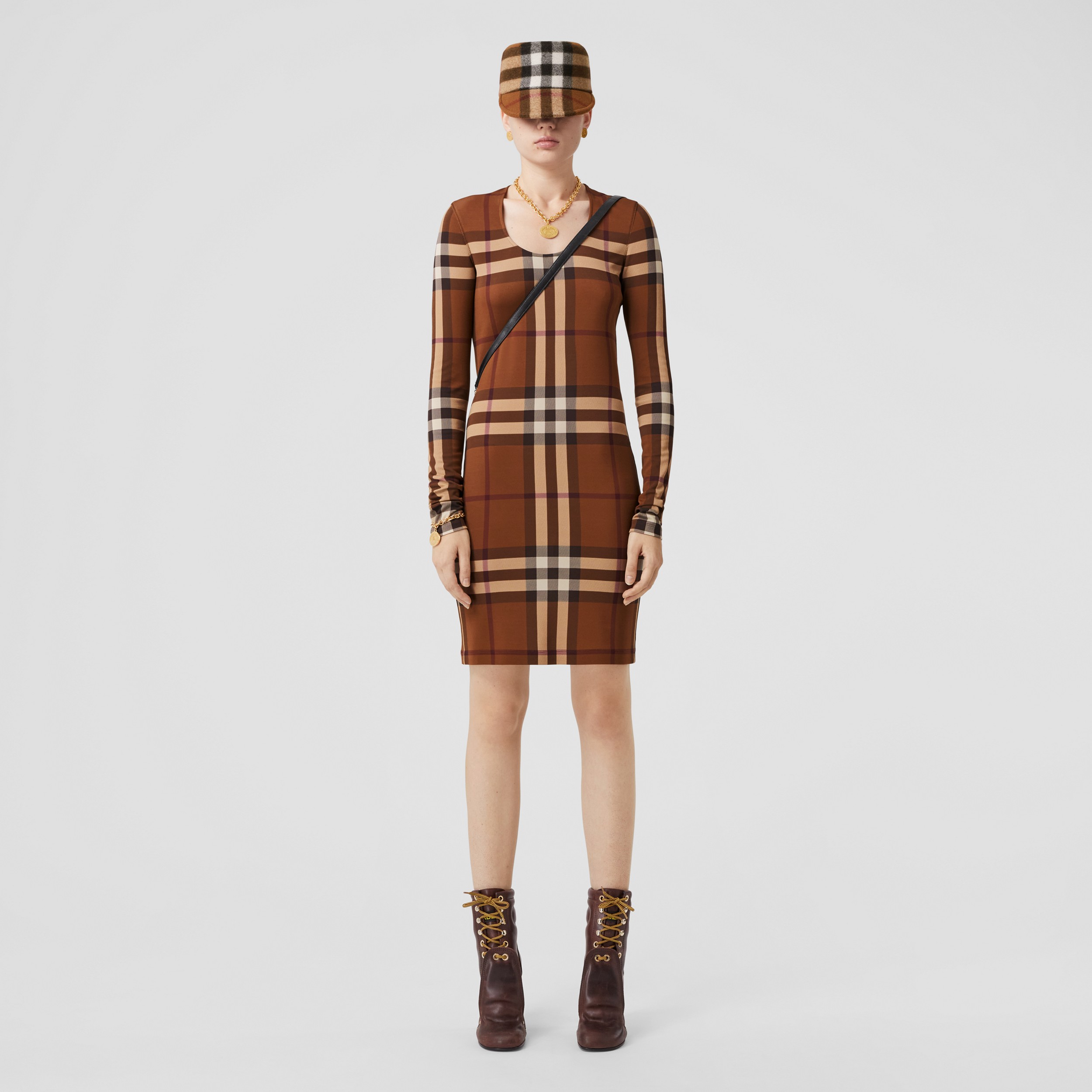 Exaggerated Check Stretch Jersey Dress in Dark Birch Brown - Women | Burberry® Official - 4