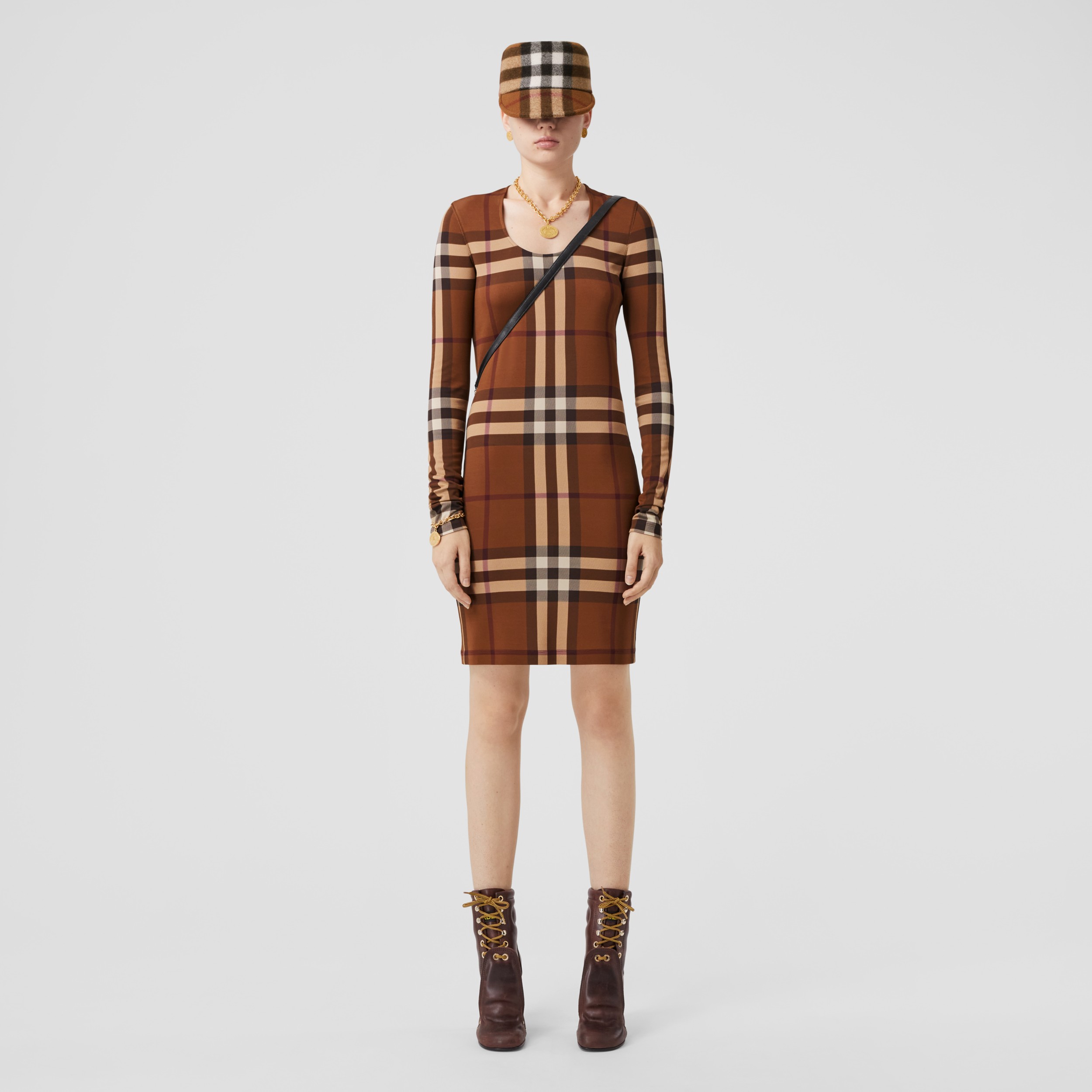 Exaggerated Check Stretch Jersey Dress in Dark Birch Brown - Women |  Burberry® Official