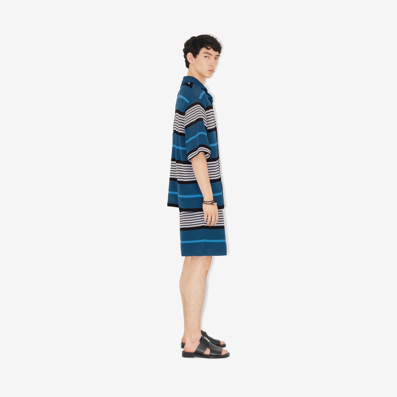 Camisa oversize de nylon com mangas curtas e estampa de listras (Azul Marinho Enriquecido) - Homens | Burberry® oficial