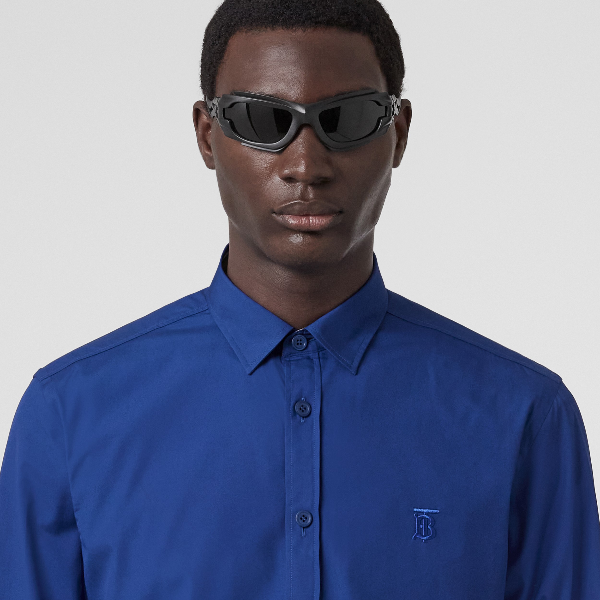 Slim Fit Monogram Motif Stretch Cotton Poplin Shirt in Deep Royal Blue - Men | Burberry® Official - 2