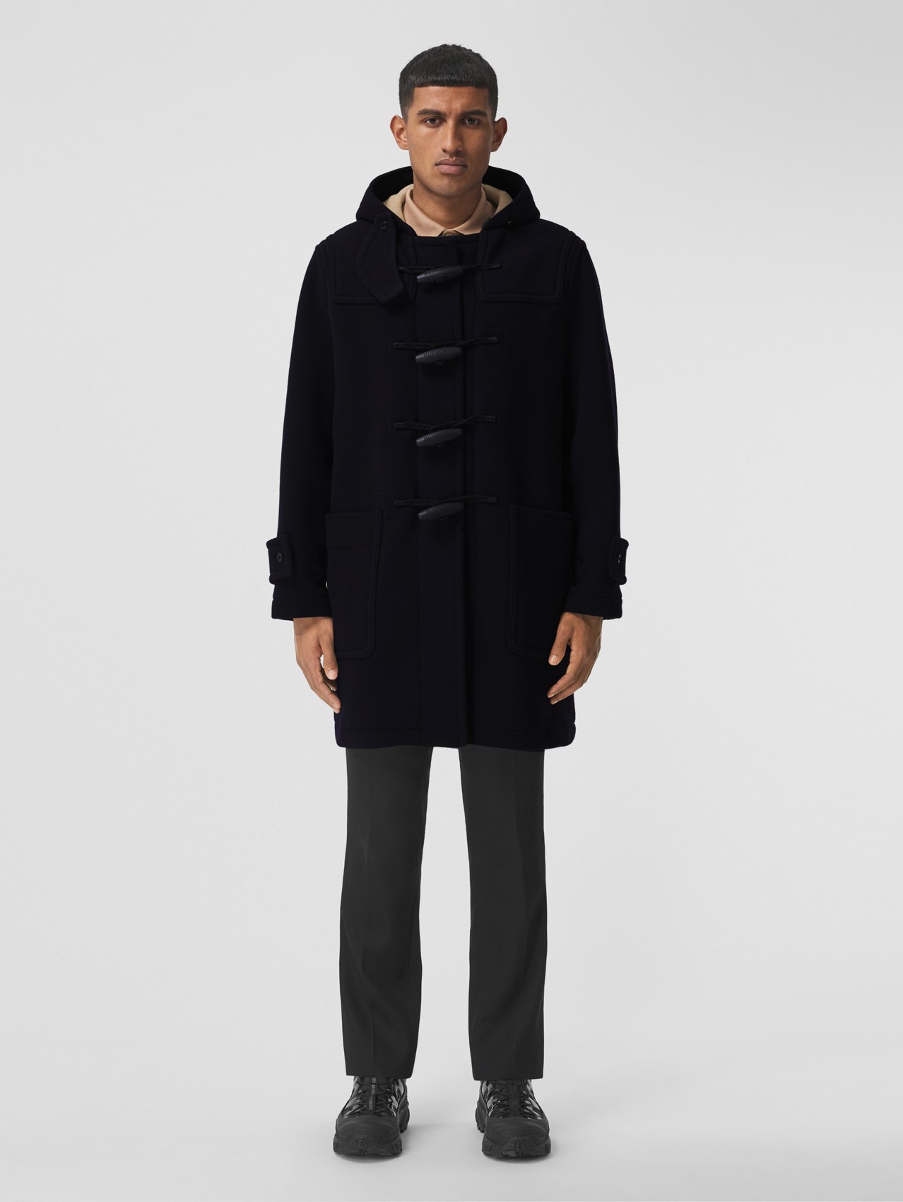 Check-lined Technical Wool Duffle Coat in Navy