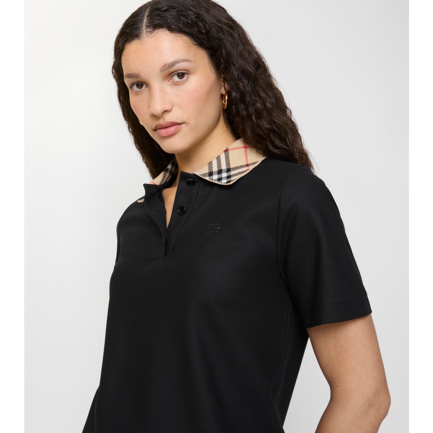 Check Collar Cotton Polo Shirt in Black - Women | Burberry® Official