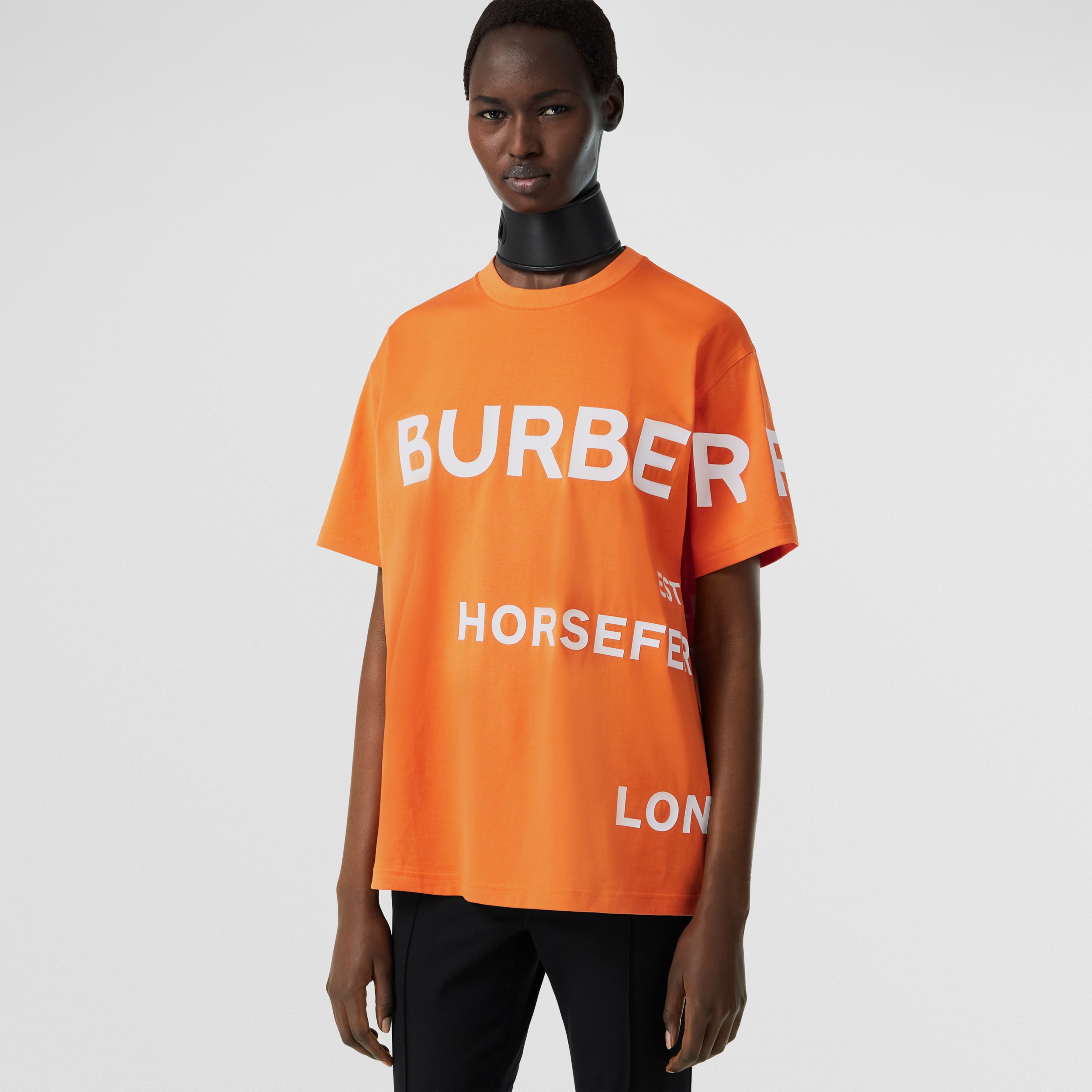 Horseferry Print Cotton Oversized T-shirt in Bright Orange - Women | Burberry® Official - 1