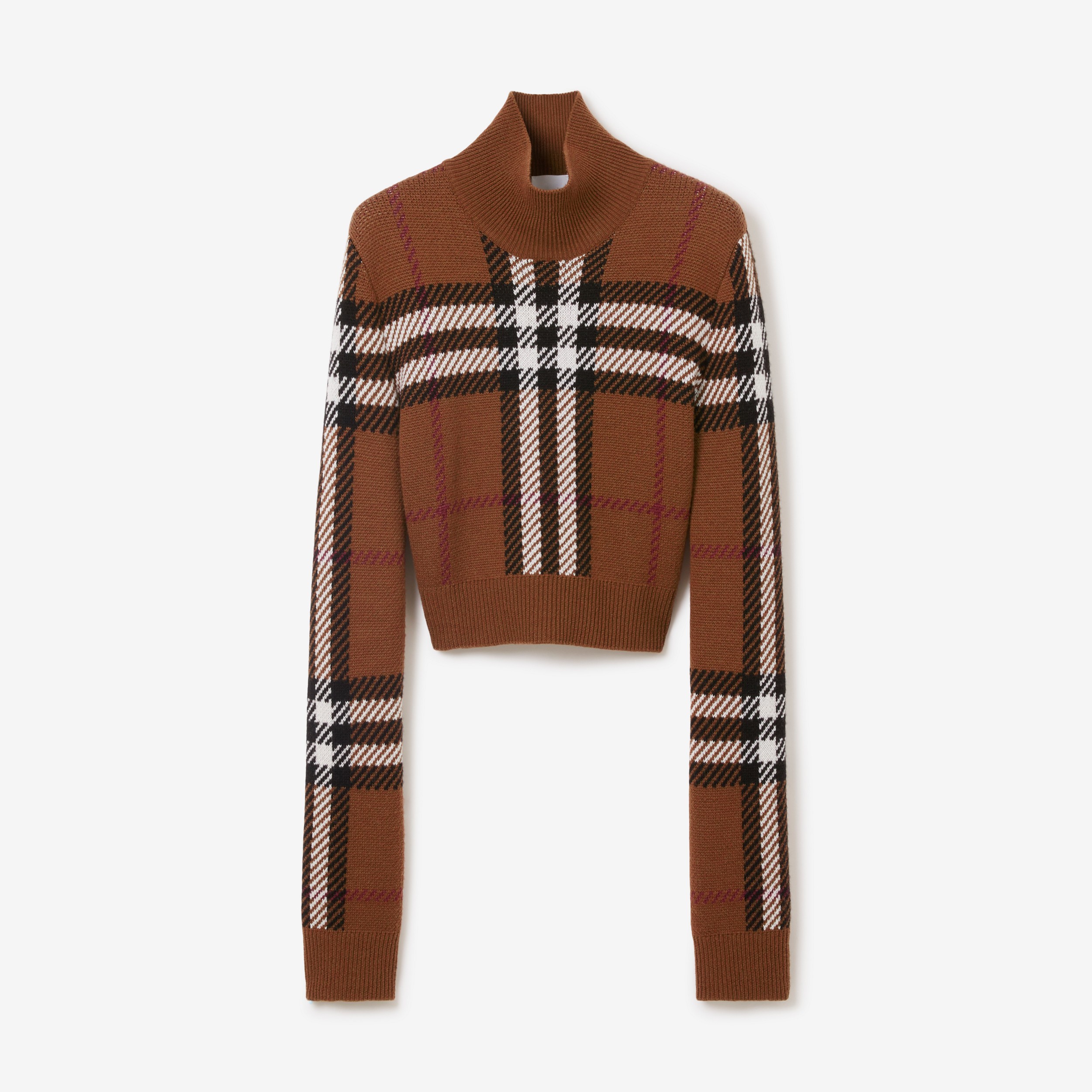 Check Wool Jacquard Cropped Sweater in Dark Birch Brown - Women | Burberry® Official - 1