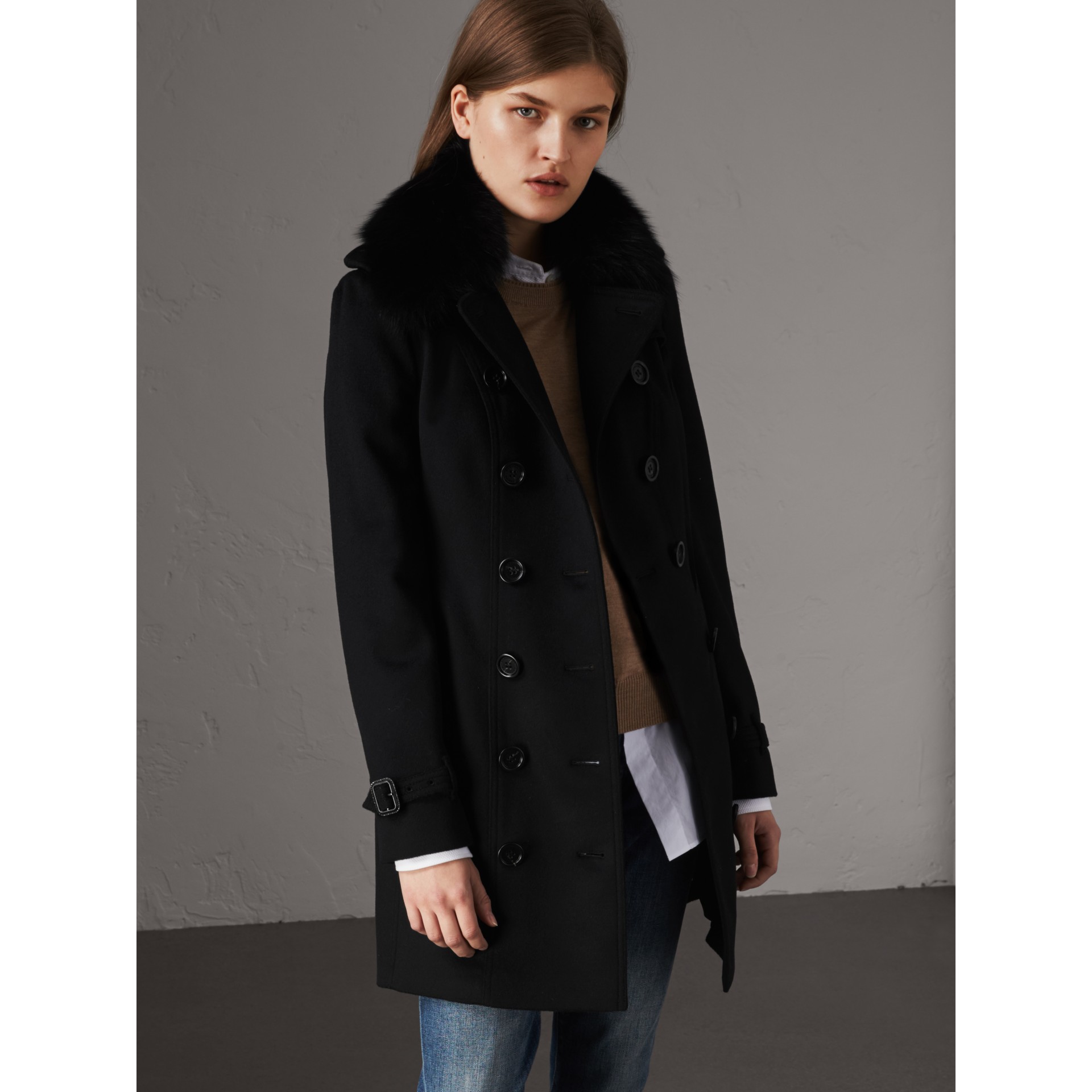Wool Cashmere Trench Coat with Fur Collar in Black - Women | Burberry ...