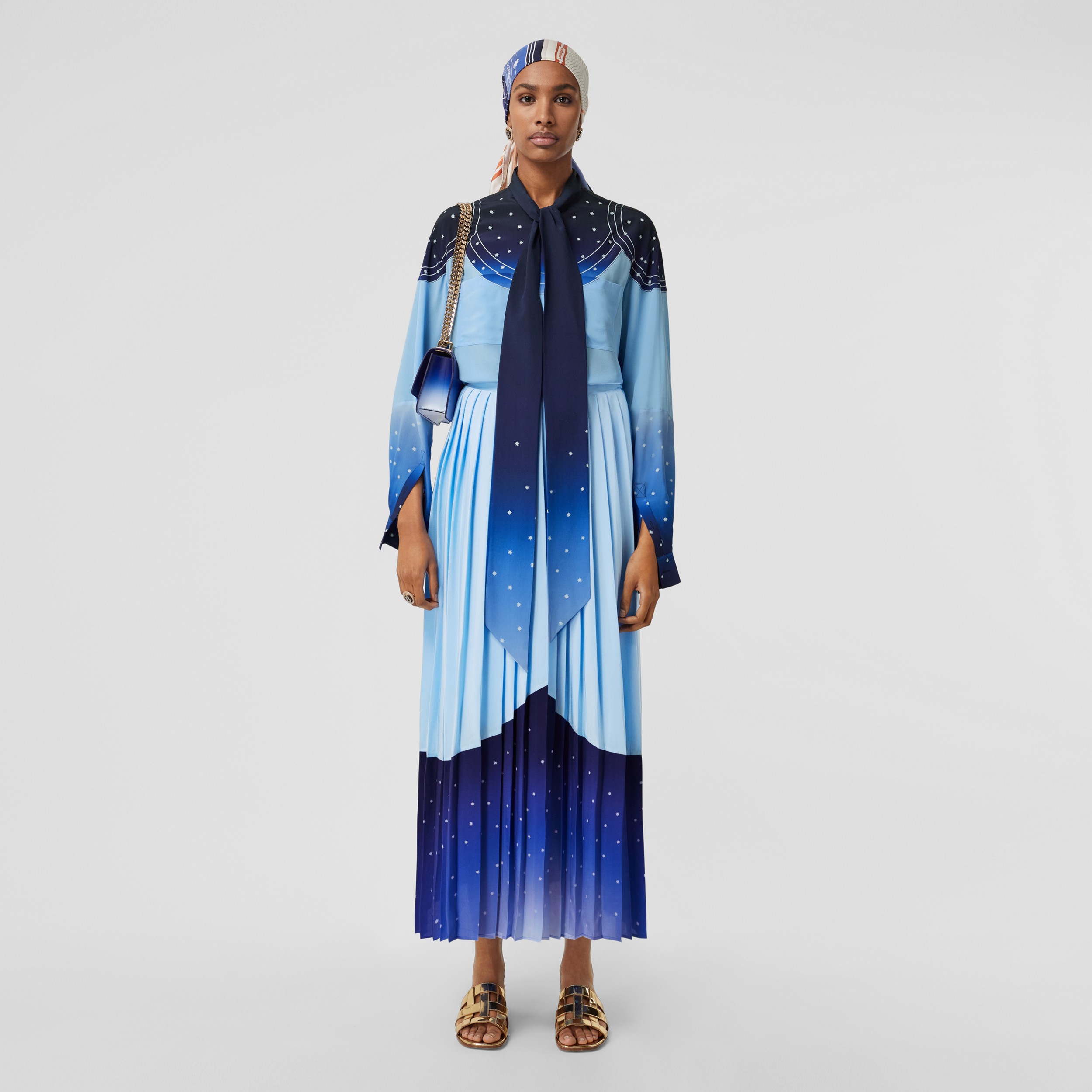 Constellation Print Pleated Silk Skirt in Soft Cornflower Blue - Women | Burberry® Official - 1