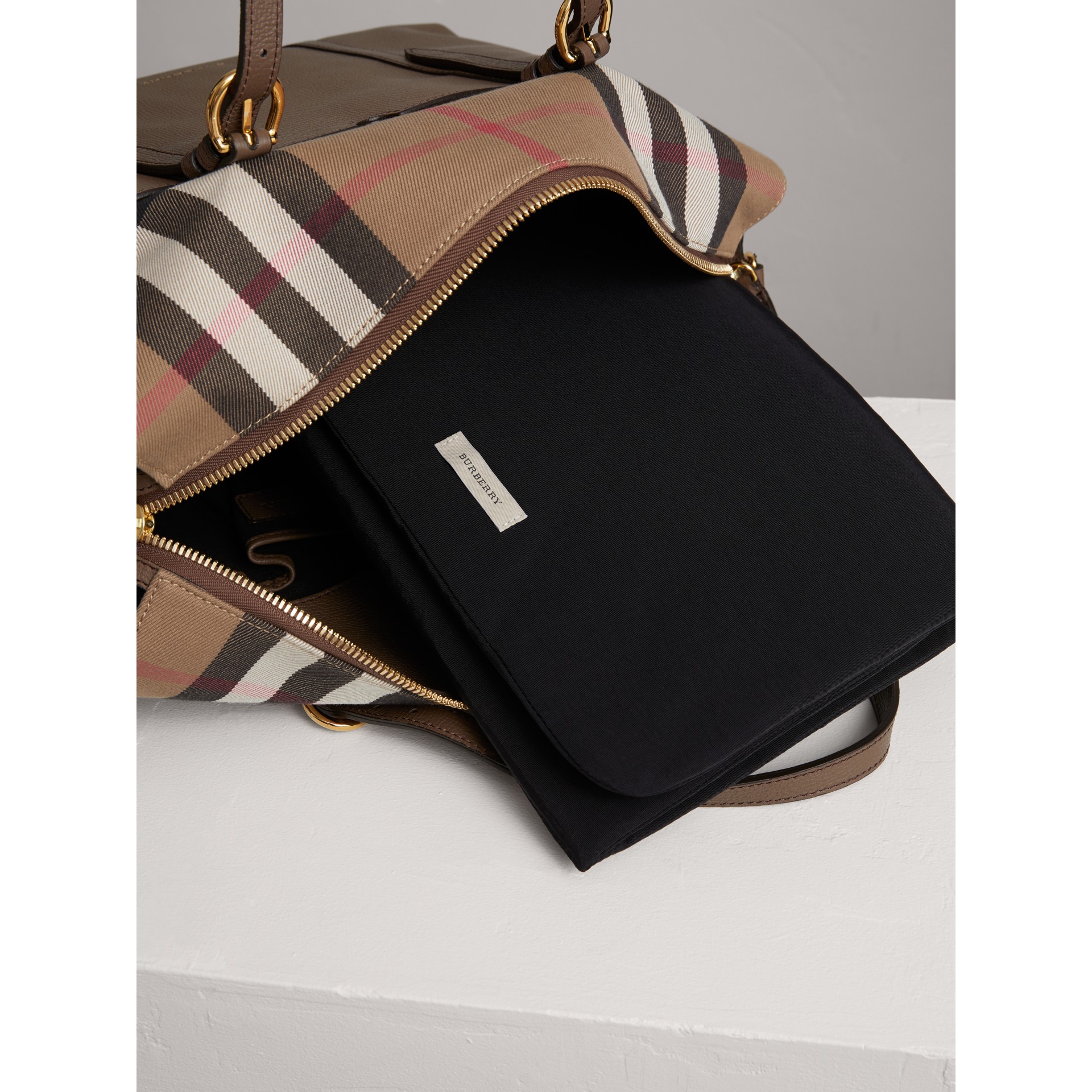 House Check and Leather Baby Changing Bag in Taupe Grey Burberry