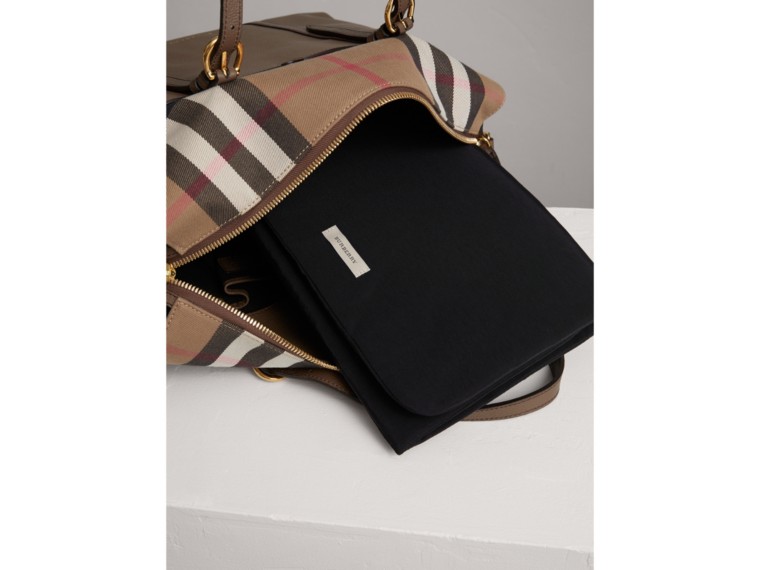 House Check and Leather Baby Changing Bag in Taupe Grey Burberry