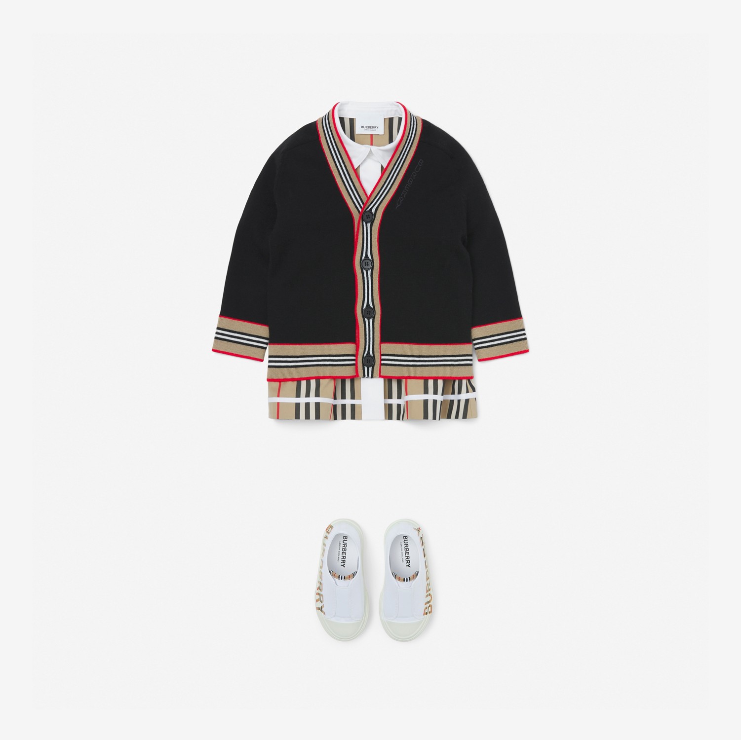 Cardigan in lana con finiture con iconico motivo a righe (Nero) - Bambini | Sito ufficiale Burberry®