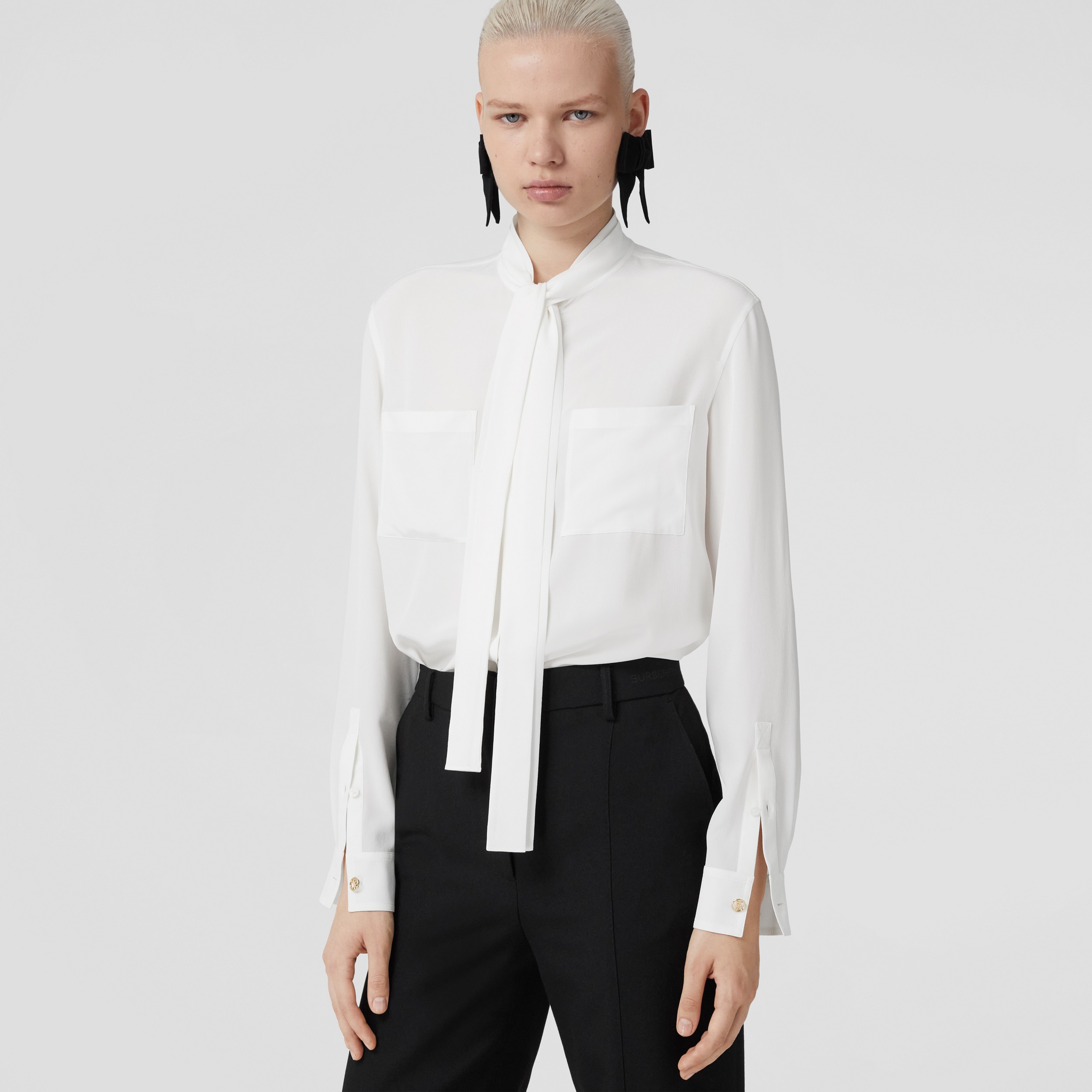 Silk Crepe de Chine Tie-neck Blouse in Optic White - Women | Burberry® Official - 1