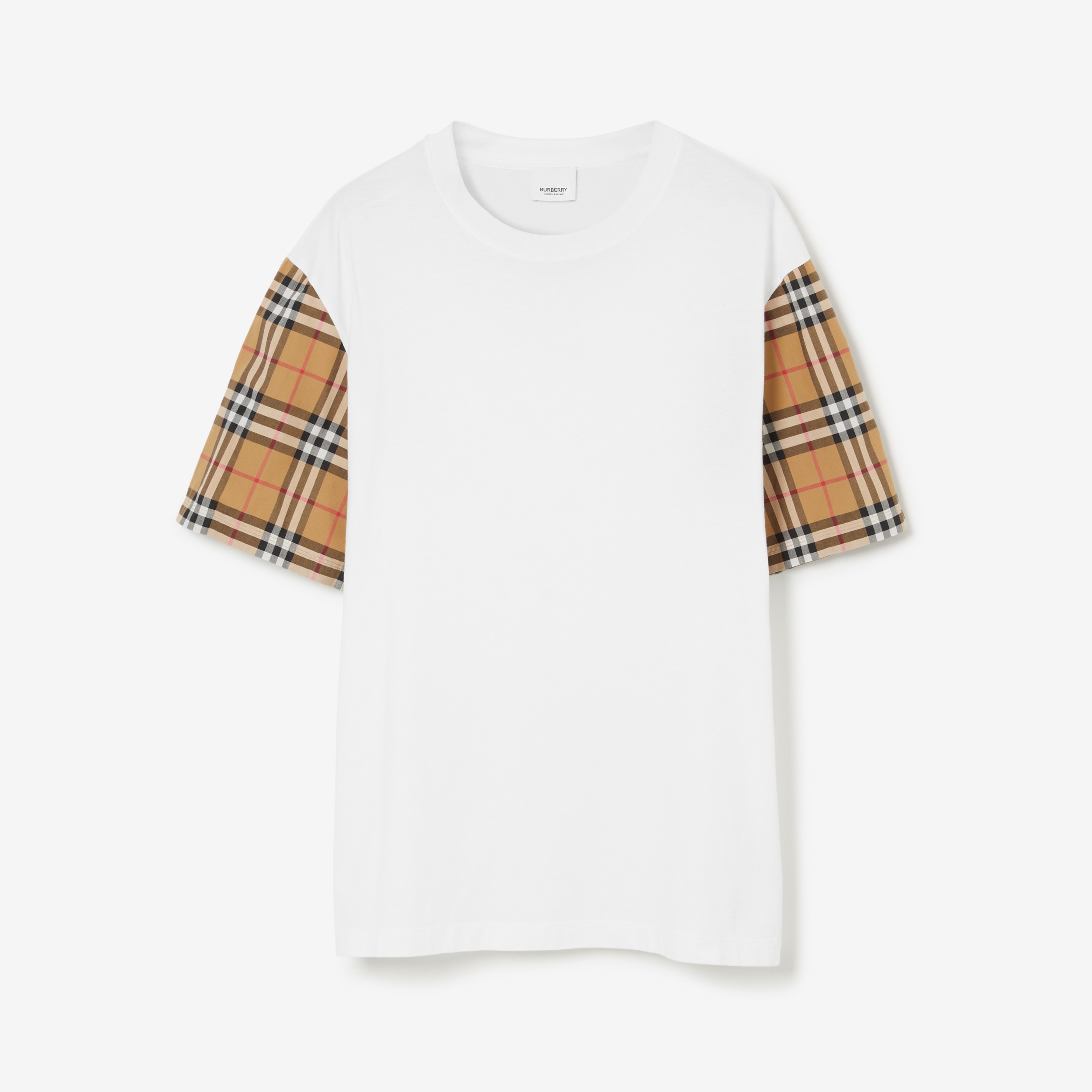 Check Sleeve Cotton T-shirt in White - Women | Burberry® Official