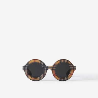 Burberry Logo Detail Check Round Frame Sunglasses In Archive Beige