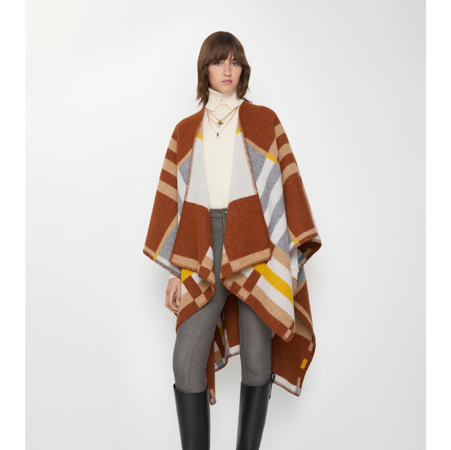 Colour Block Check​ Wool Cape