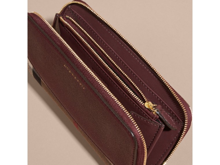 House Check and Leather Ziparound Wallet Mahogany Red | Burberry