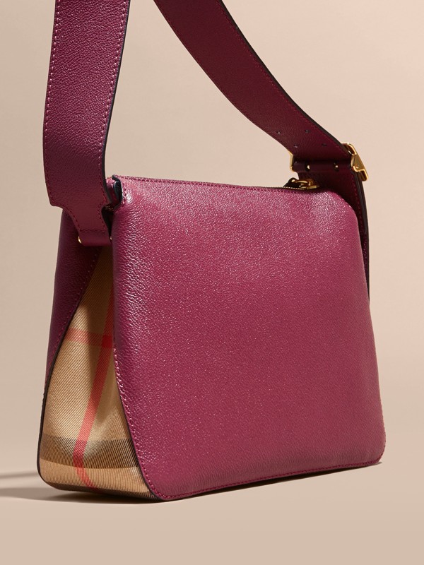 Buckle Detail Leather and House Check Crossbody Bag in Dark Plum - Women | Burberry United States