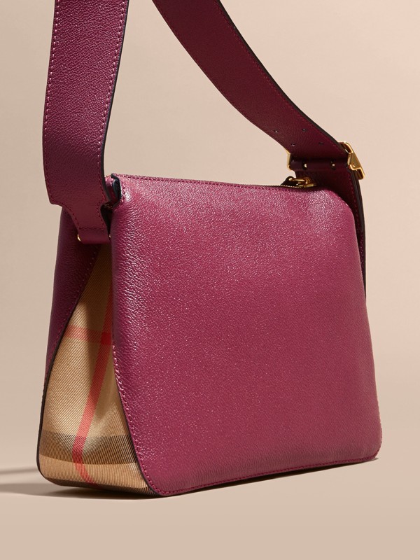 Buckle Detail Leather and House Check Crossbody Bag in Dark Plum