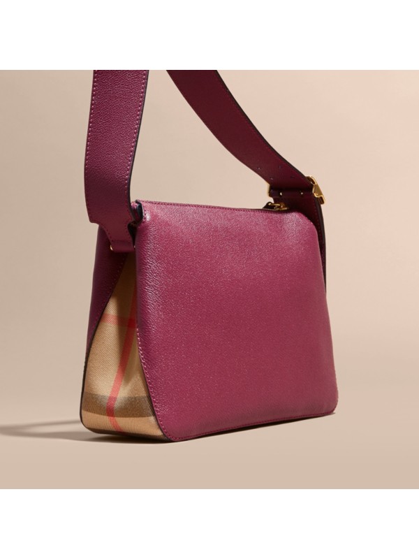 Buckle Detail Leather and House Check Crossbody Bag in Dark Plum - Women | Burberry United States
