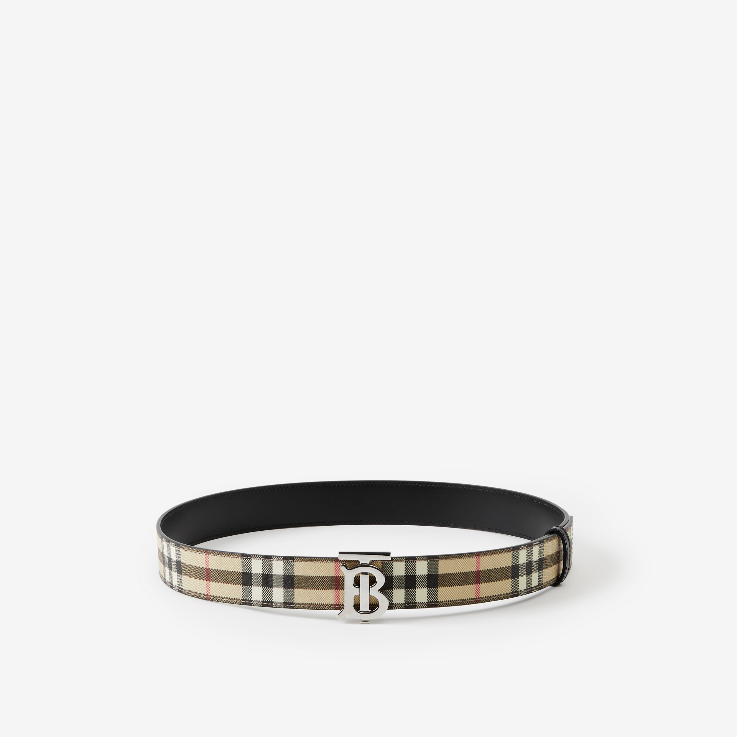 Check and Leather Reversible TB Belt in Archive Beige/black/silver - Women | Burberry® Official - 1