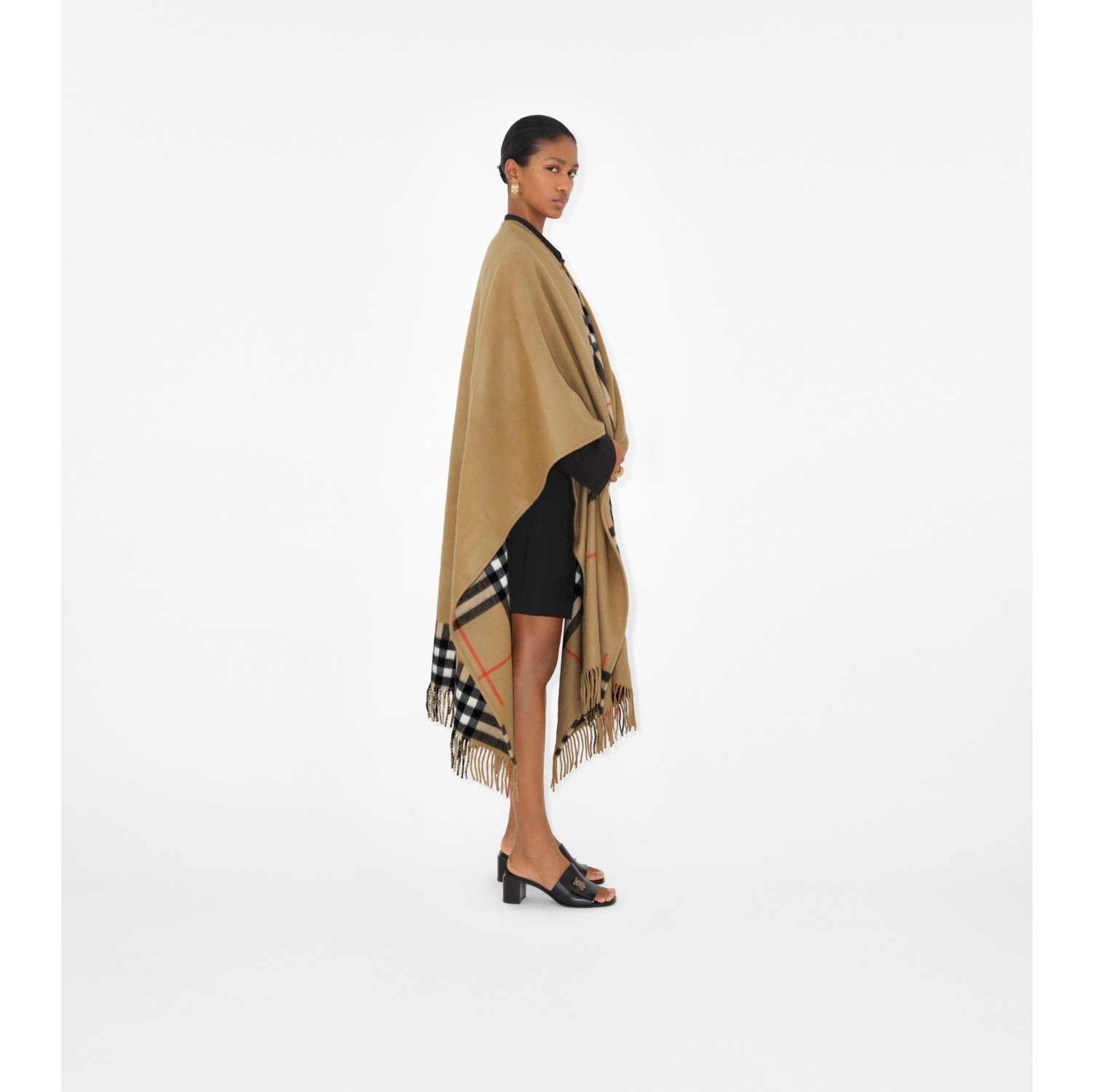 Check Wool Cashmere Reversible Cape