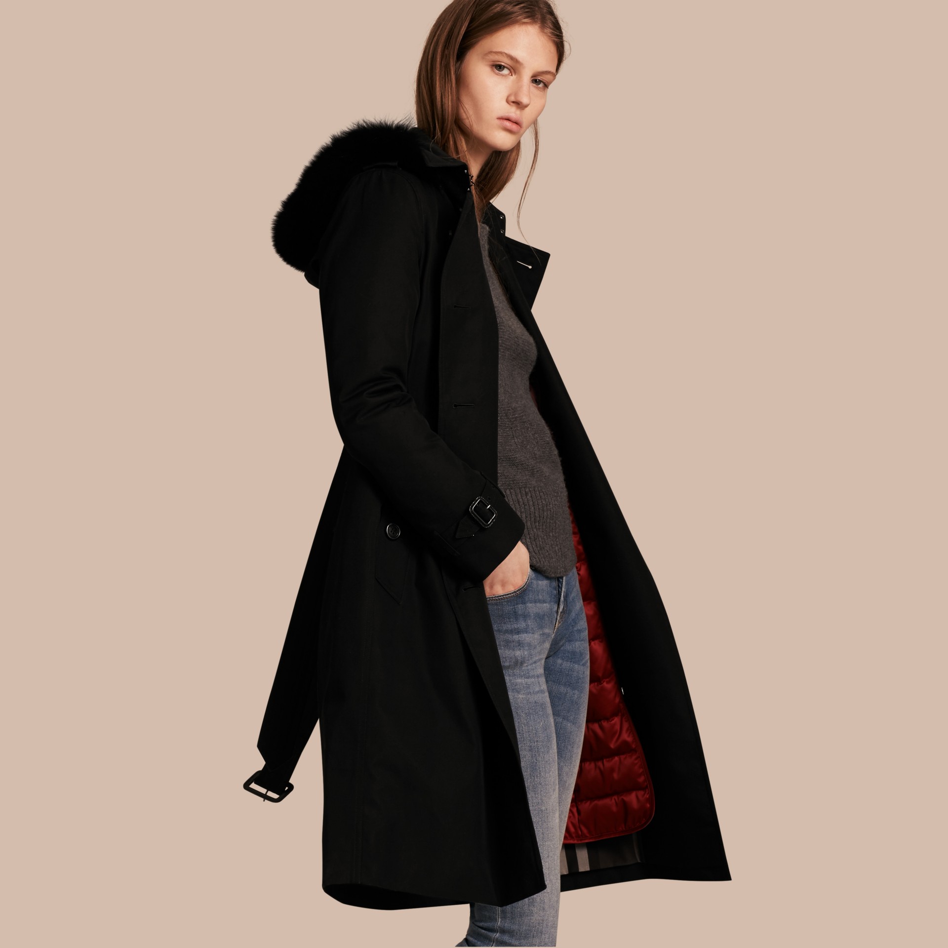Furtrimmed Hood Trench Coat with Detachable Warmer Black Burberry