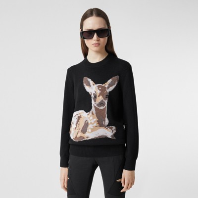 Deer Intarsia Wool Sweater in Black 