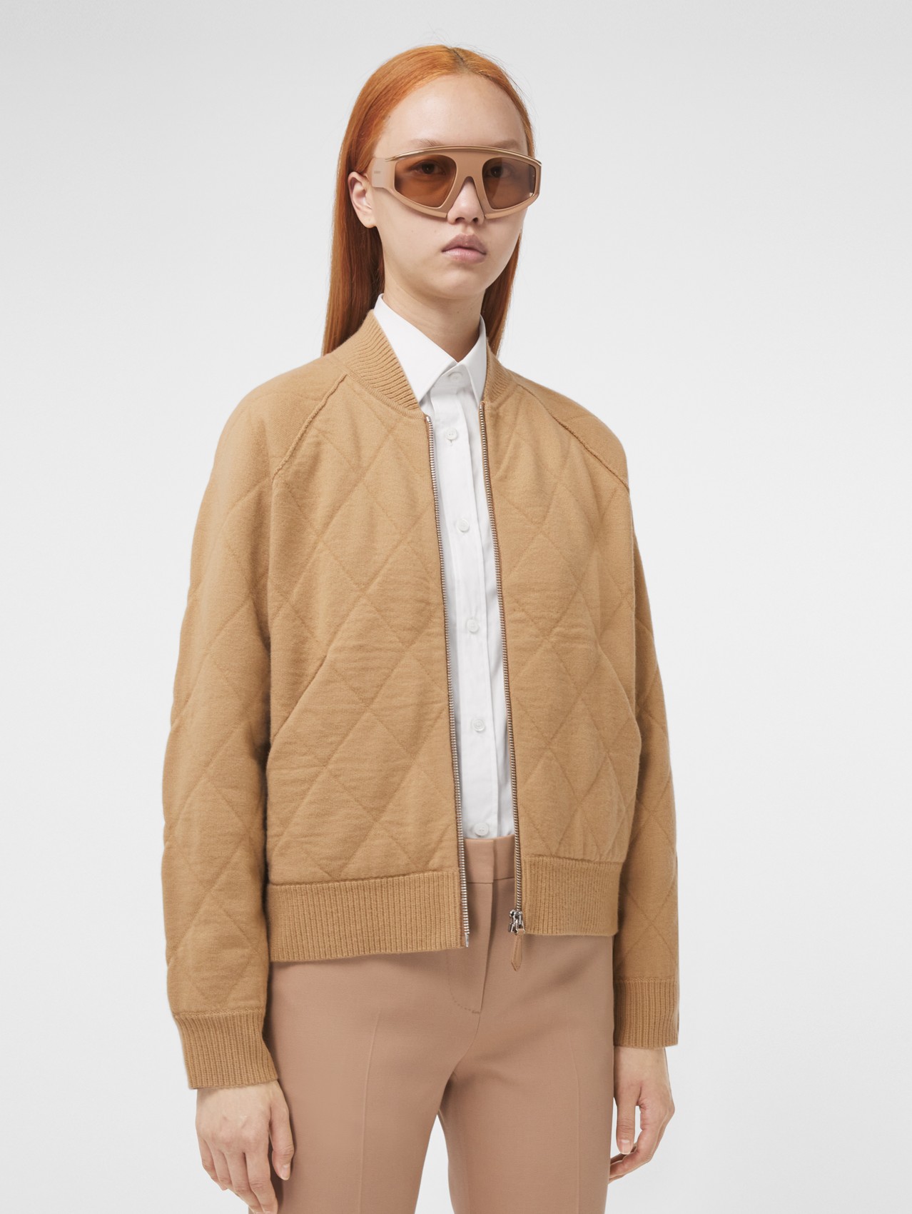 Diamond Quilted Wool Bomber Jacket in Camel