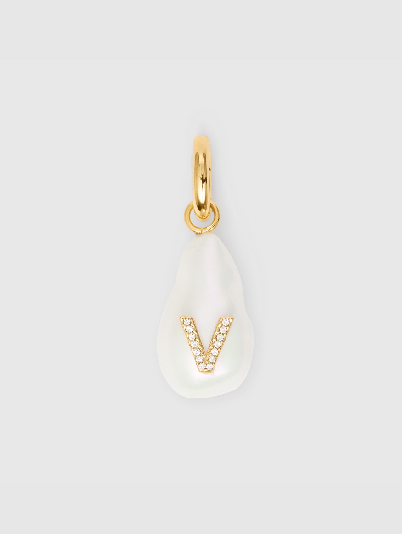 Dije de letra V con perla de resina y cristales - Solo en línea (Dorado Claro/madreperla)