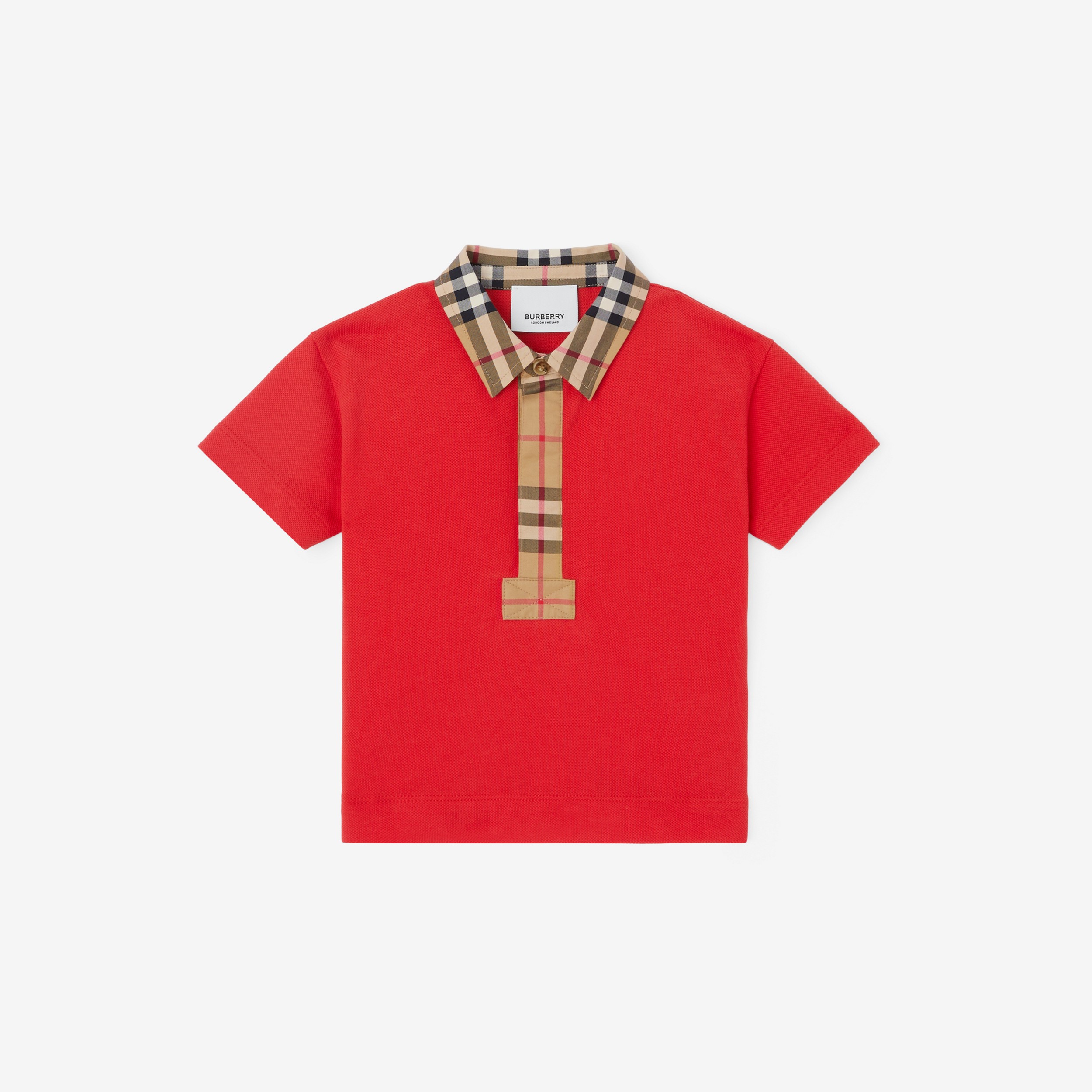 Camisa polo de algodão piquê com detalhe em Vintage Check (Vermelho Intenso) - Crianças | Burberry® oficial - 1