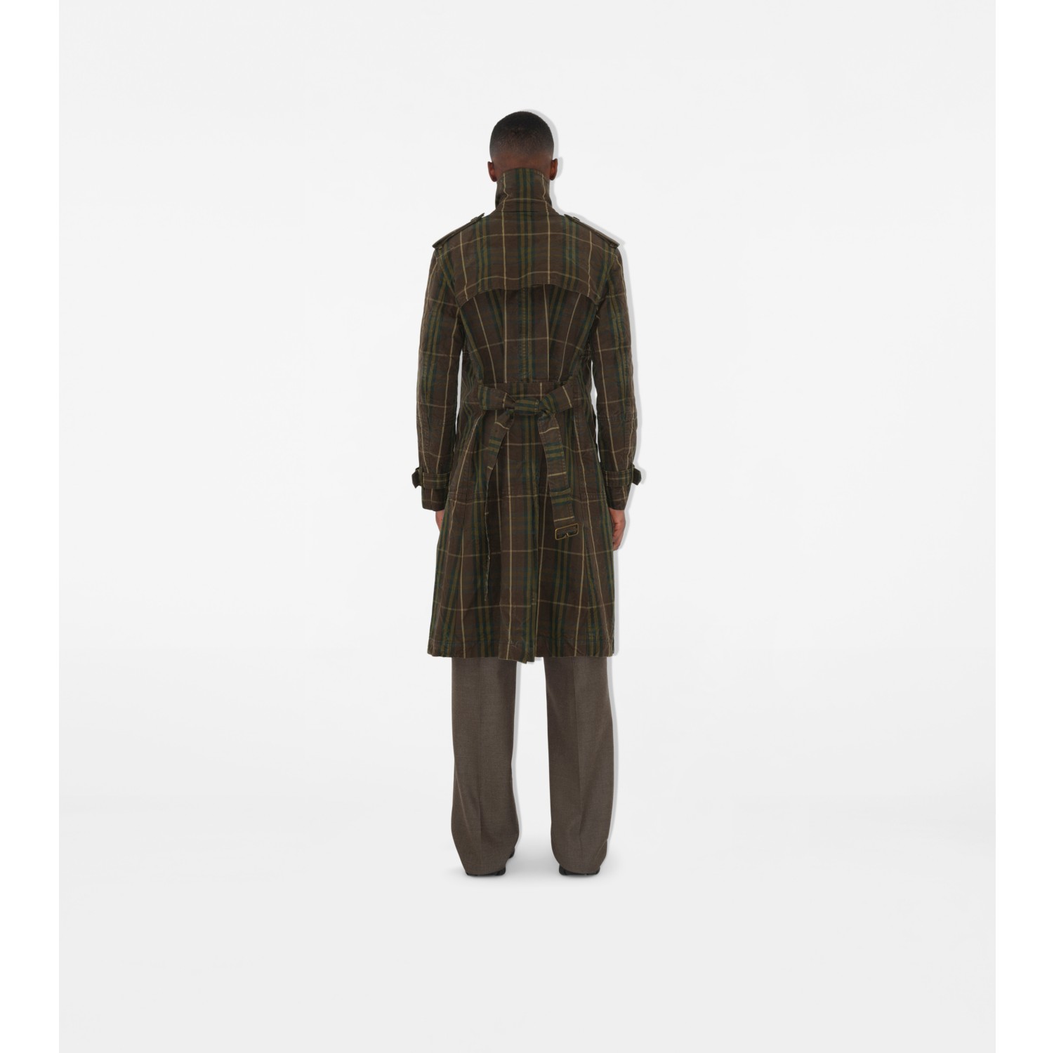 Langer Baumwoll-Trenchcoat in Check