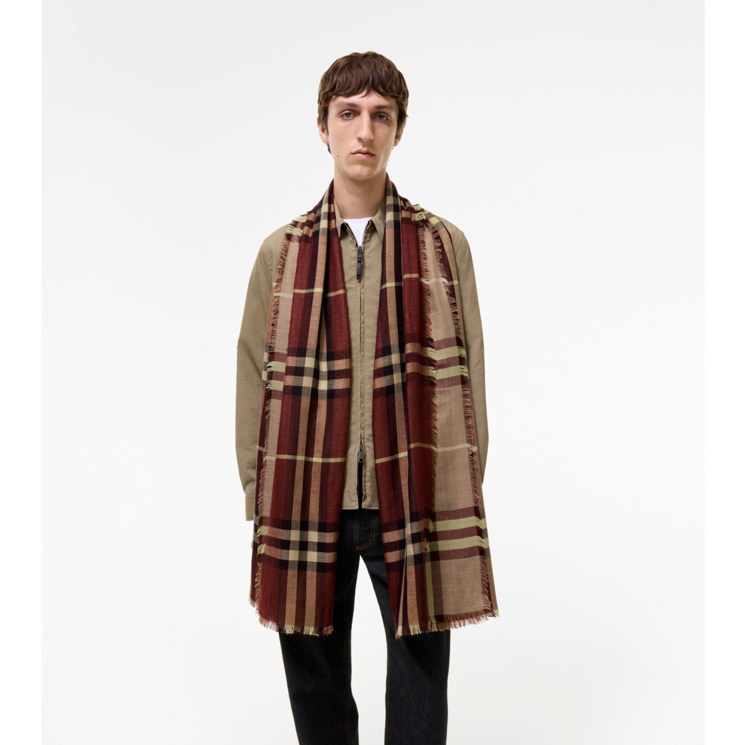 Wide Reversible Check Wool Silk Scarf in Vineyard red | Burberry® Official