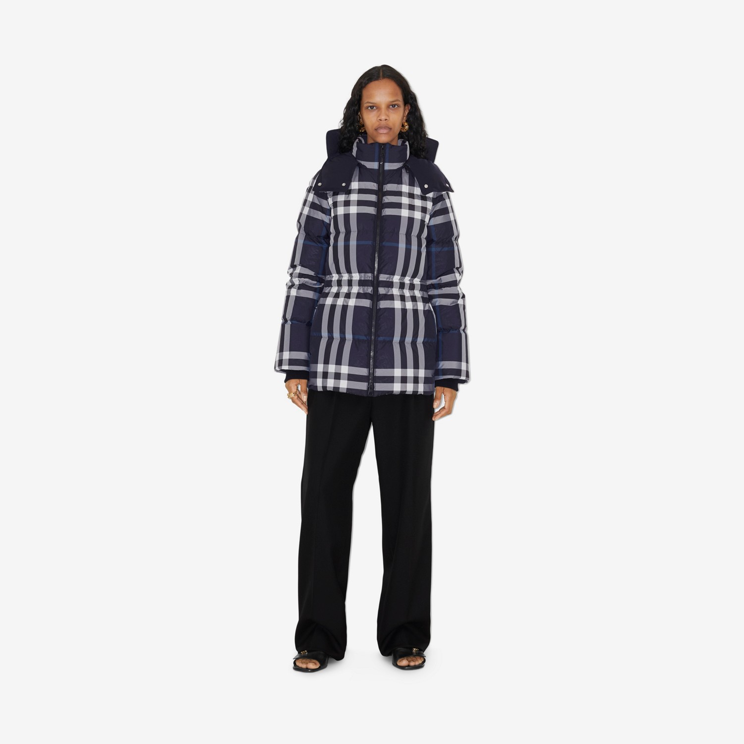 Check Puffer Jacket in Dark Charcoal Blue/white - Women | Burberry® Official