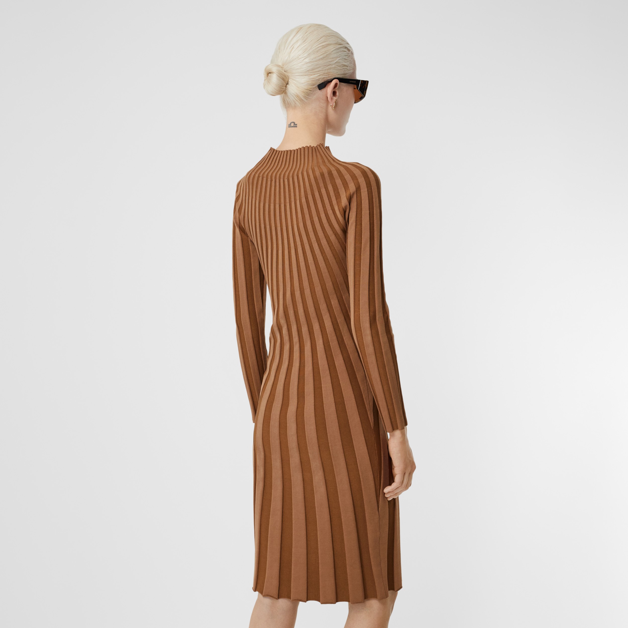 Longsleeve Rib Knit Stretch Silk Blend Dress in Truffle Women Burberry