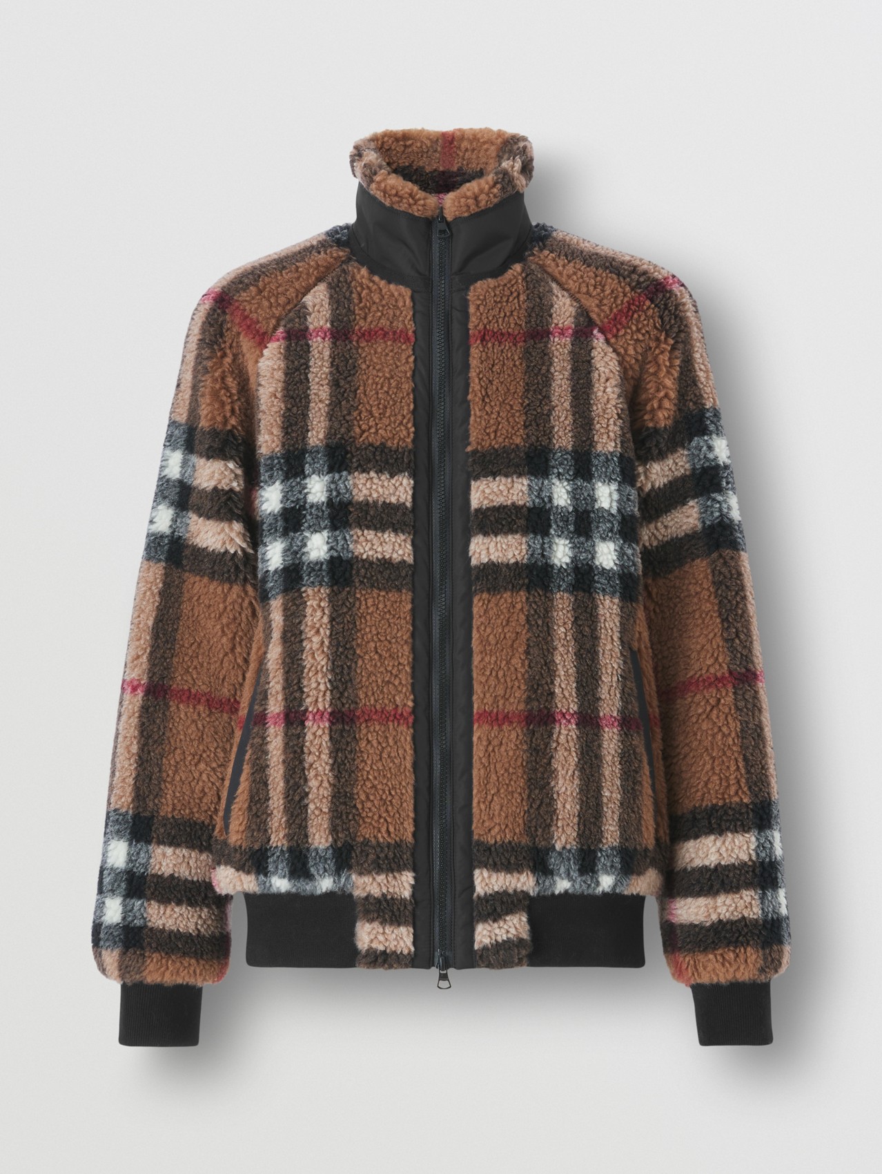 Check Wool Cashmere Blend Fleece Jacket in Birch Brown